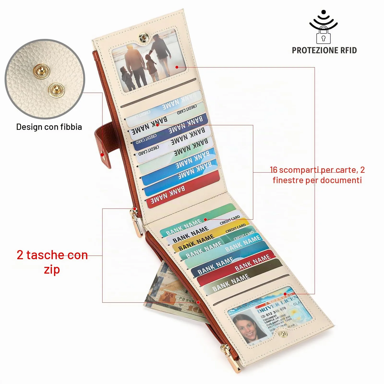 GOIACII Portafogli da donna con blocco RFID, grande, da viaggio, con porta carte di credito, B01 Beige - immagine 2