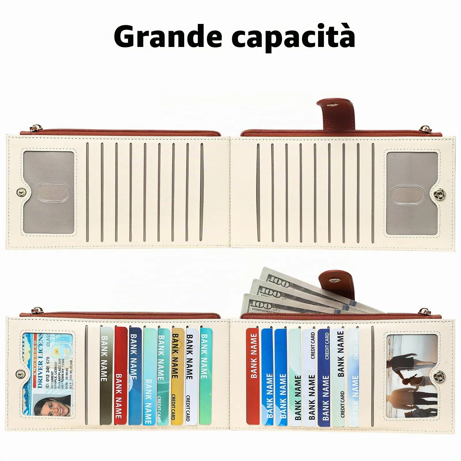 GOIACII Portafogli da donna con blocco RFID, grande, da viaggio, con porta carte di credito, B01 Beige - immagine 4