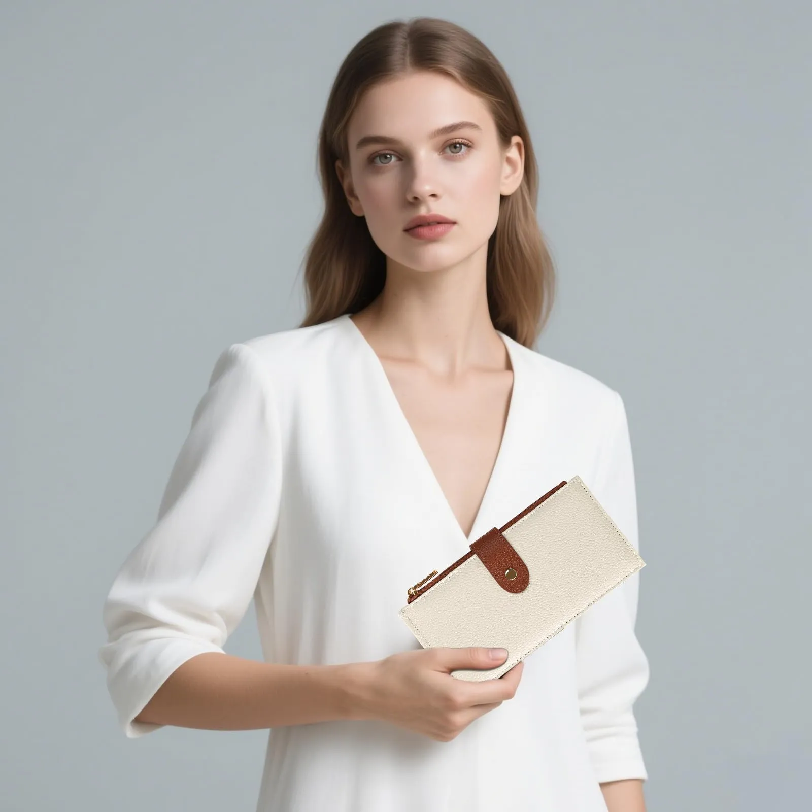 GOIACII Portafogli da donna con blocco RFID, grande, da viaggio, con porta carte di credito, B01 Beige - immagine 7
