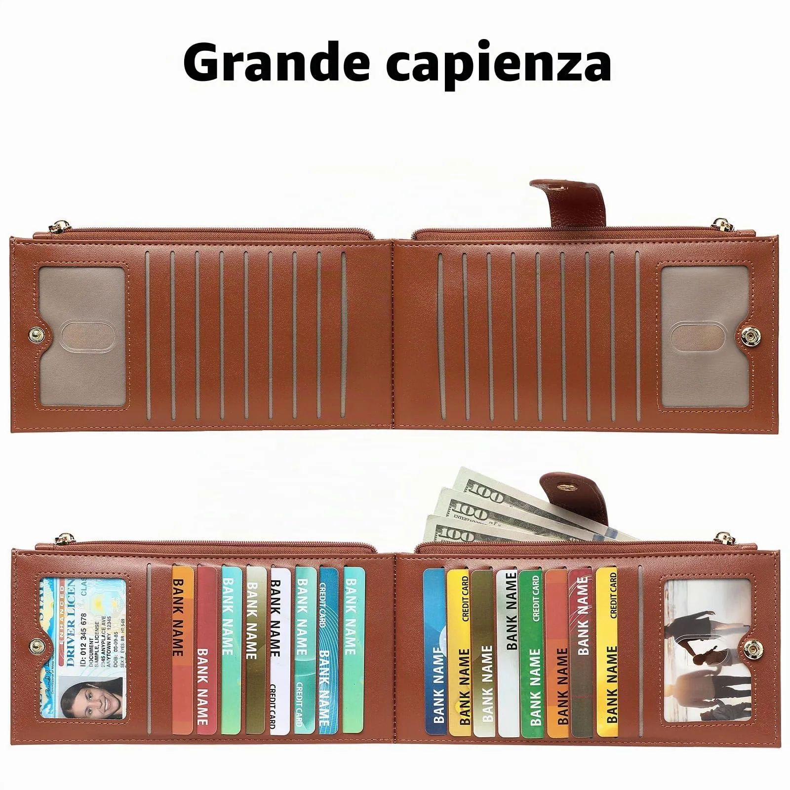 GOIACII Portafogli da donna con blocco RFID, grande, da viaggio, con porta carte di credito, B03 Marrone - immagine 4