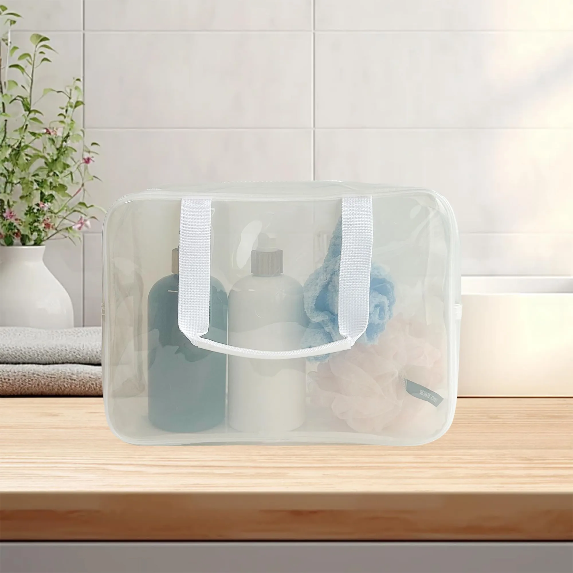 TotePrint Borsa a mano trasparente in vinile impermeabile per trucco, borsa a spalla Tote Bag 11.8'' ×5.12'' ×8.26'', moderno - immagine 4