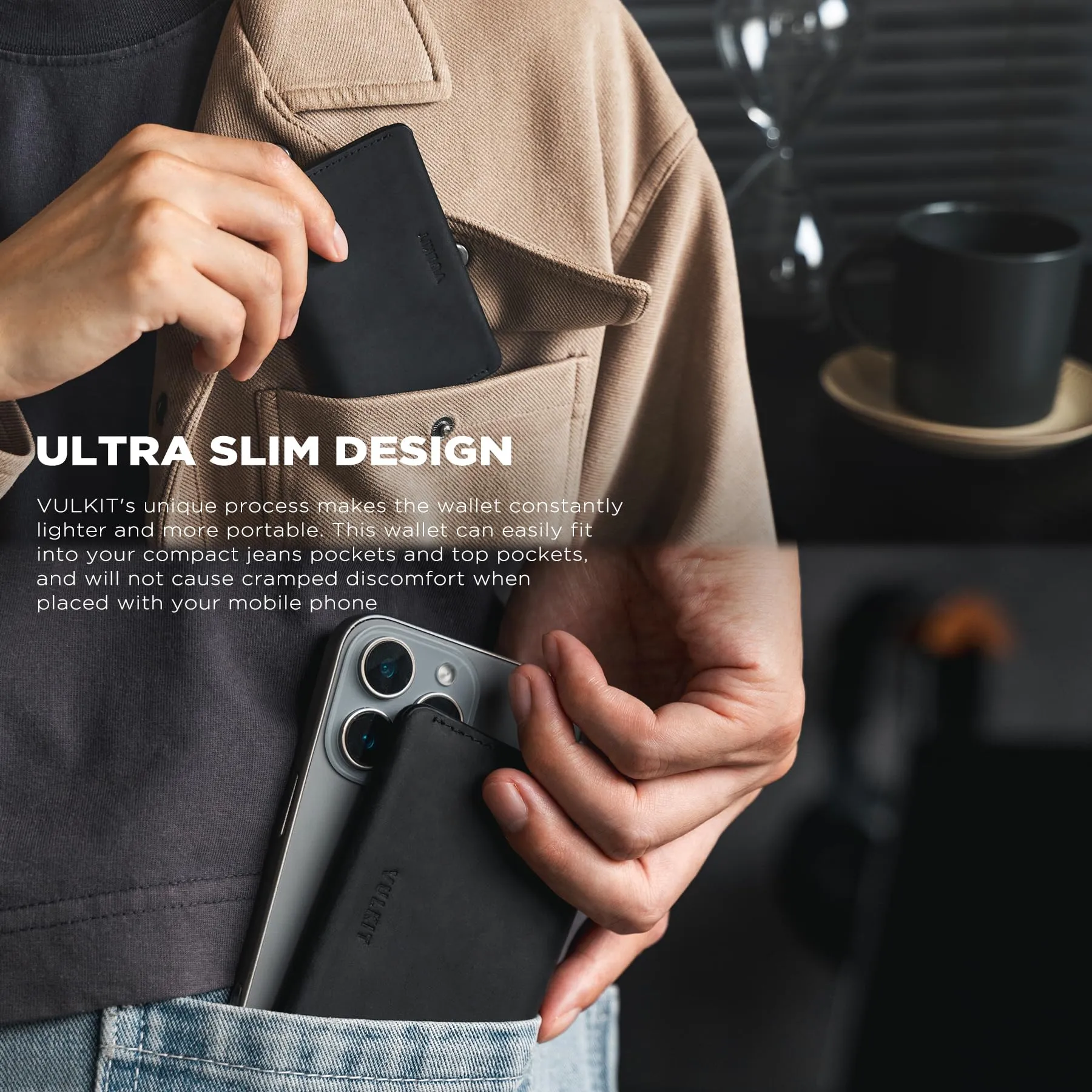 VULKIT Porta Carte di Credito Sottile e Minimalista in Crazy Horse Vera Pelle con Protezione RFID Tasca Frontale e Chiusura Magnetica - immagine 2