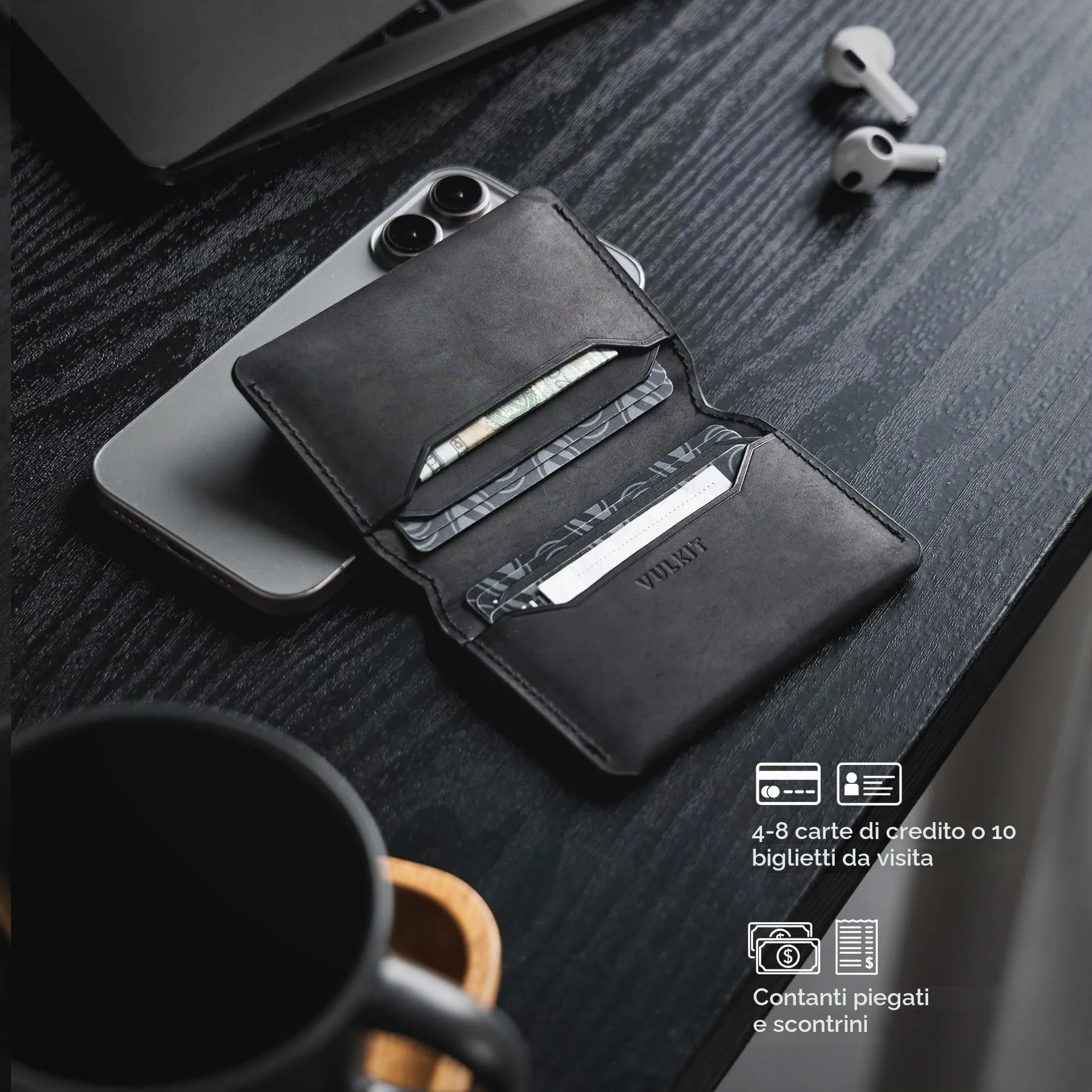 VULKIT Porta Carte di Credito Sottile e Minimalista in Crazy Horse Vera Pelle con Protezione RFID Tasca Frontale e Chiusura Magnetica - immagine 3