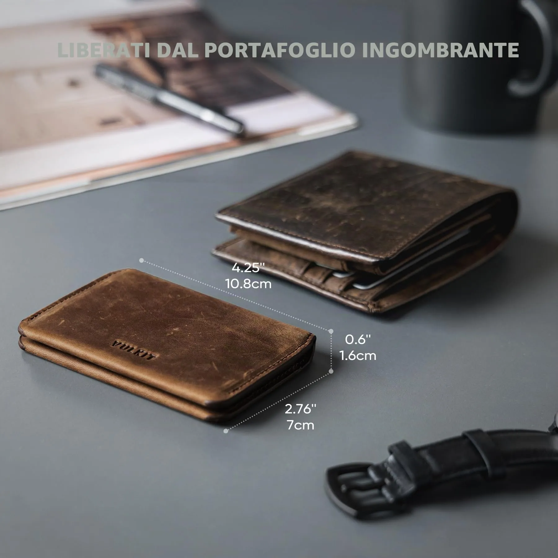 VULKIT Porta Carte di Credito Sottile e Minimalista in Crazy Horse Vera Pelle con Protezione RFID Tasca Frontale e Chiusura Magnetica - immagine 4