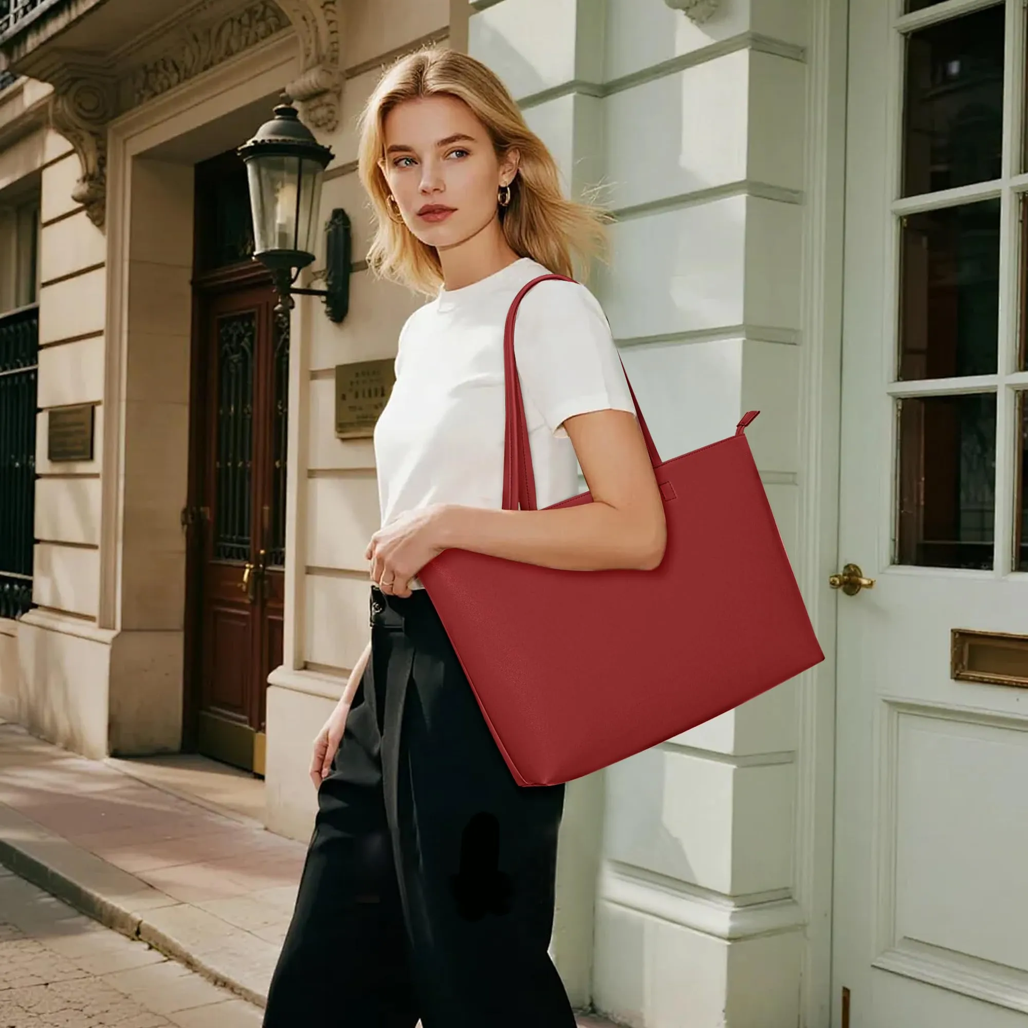 KALIDI Borsa da donna grande, shopper, in pelle PU, tote bag impermeabile con manici e chiusura a zip per lavoro, viaggi, shopping, scuola, bordeaux, 38 x 30.8 x 13 cm - immagine 2