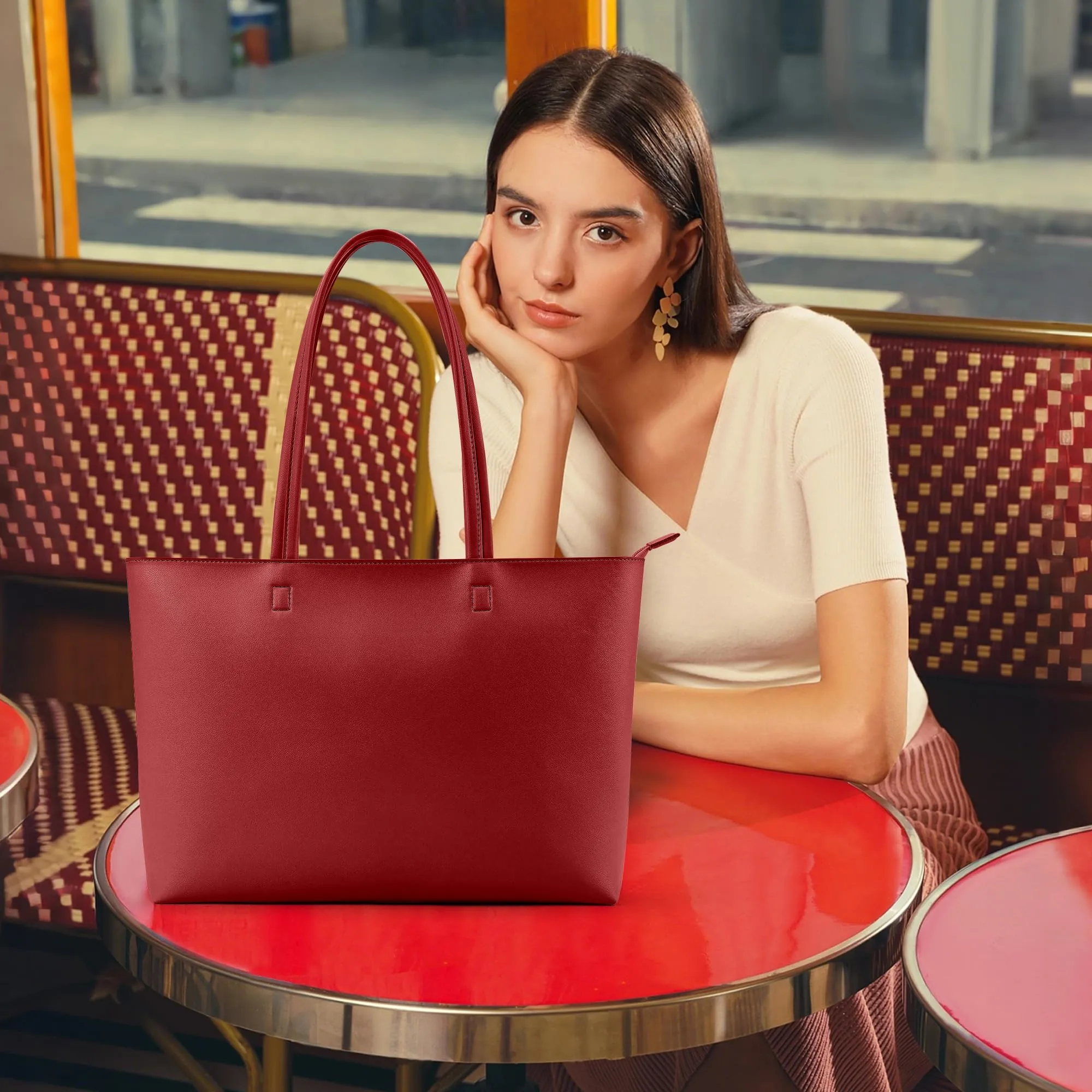 KALIDI Borsa da donna grande, shopper, in pelle PU, tote bag impermeabile con manici e chiusura a zip per lavoro, viaggi, shopping, scuola, bordeaux, 38 x 30.8 x 13 cm - immagine 3