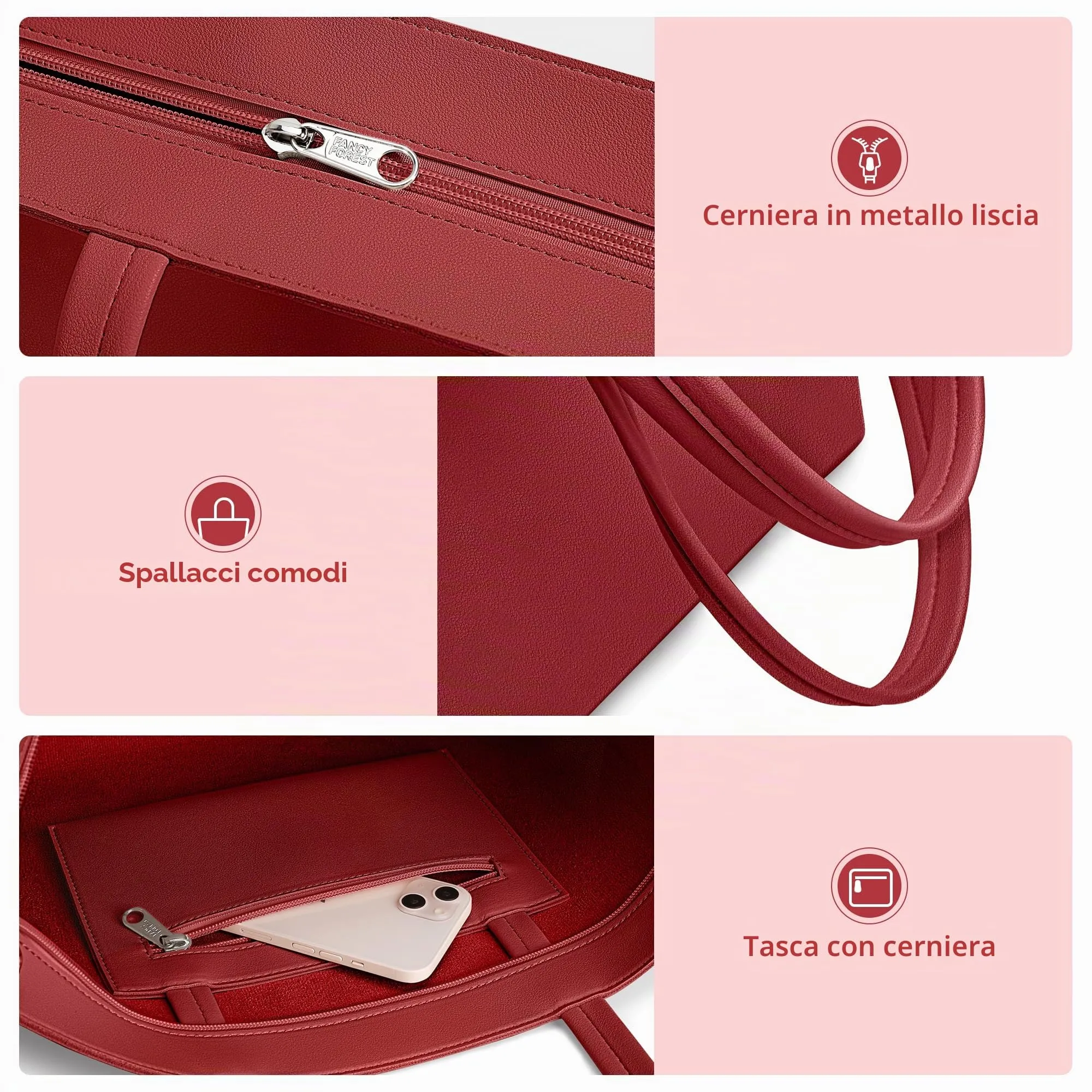 KALIDI Borsa da donna grande, shopper, in pelle PU, tote bag impermeabile con manici e chiusura a zip per lavoro, viaggi, shopping, scuola, bordeaux, 38 x 30.8 x 13 cm - immagine 4