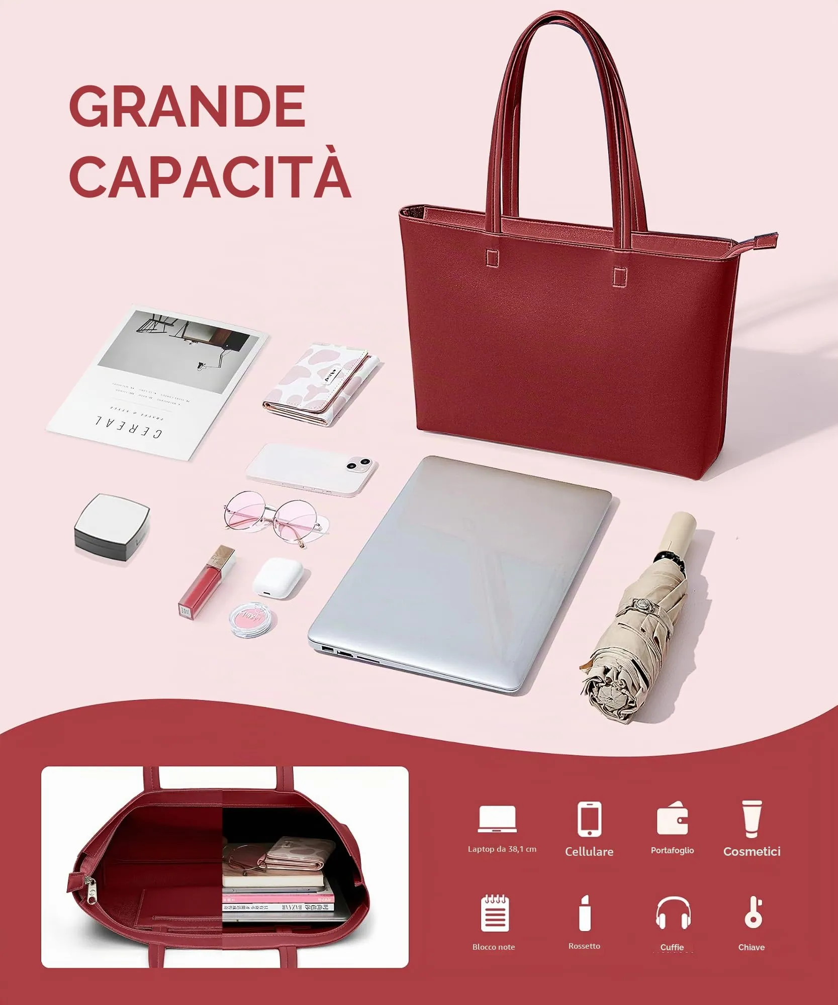 KALIDI Borsa da donna grande, shopper, in pelle PU, tote bag impermeabile con manici e chiusura a zip per lavoro, viaggi, shopping, scuola, bordeaux, 38 x 30.8 x 13 cm - immagine 5
