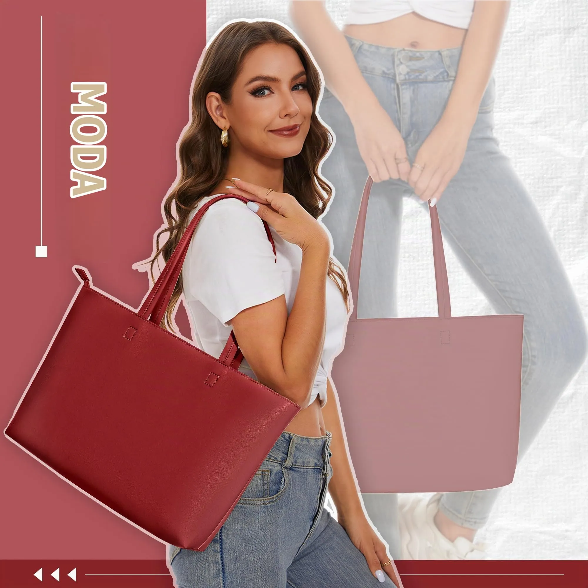 KALIDI Borsa da donna grande, shopper, in pelle PU, tote bag impermeabile con manici e chiusura a zip per lavoro, viaggi, shopping, scuola, bordeaux, 38 x 30.8 x 13 cm - immagine 6