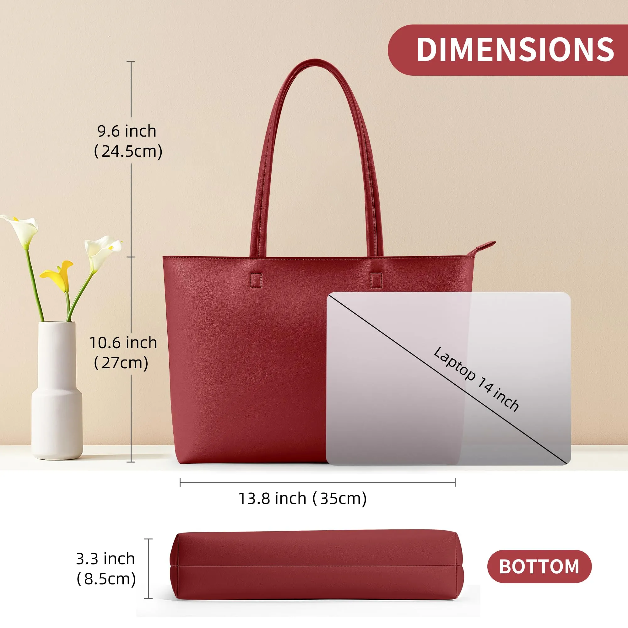 KALIDI Borsa da donna grande, shopper, in pelle PU, tote bag impermeabile con manici e chiusura a zip per lavoro, viaggi, shopping, scuola, bordeaux, 38 x 30.8 x 13 cm - immagine 7