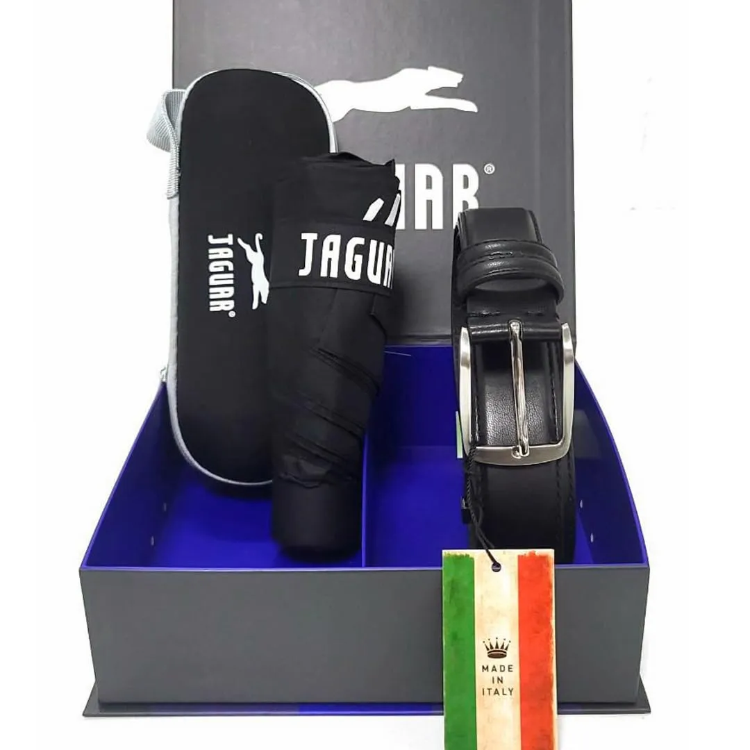 JAGUAR Set Regalo, Cintura in Pelle e Ombrello Compatto Nero con Custodia, Confezione Regalo Elegante - immagine 3