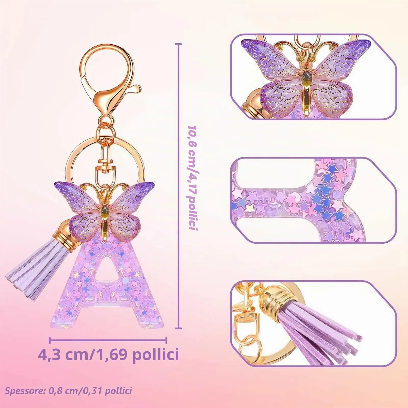 Yowfond Portachiavi ragazza con lettera e farfalla, iniziali portachiavi per donne, portachiavi personalizzato, idea regalo per ragazze e donne, Lilla-a., M - immagine 2