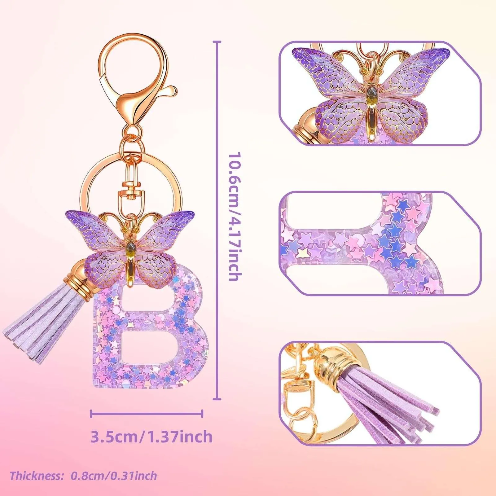 Yowfond Portachiavi ragazza con lettera e farfalla, iniziali portachiavi per donne, portachiavi personalizzato, idea regalo per ragazze e donne, Lilla-B., M - immagine 2