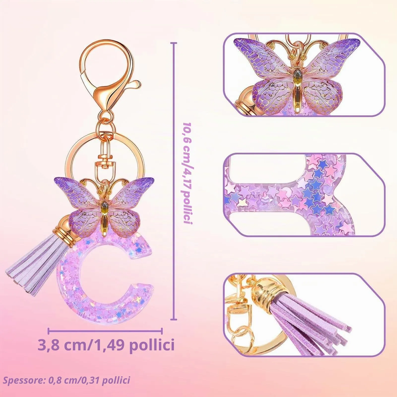 Yowfond Portachiavi ragazza con lettera e farfalla, iniziali portachiavi per donne, portachiavi personalizzato, idea regalo per ragazze e donne, Lilla-c, M - immagine 2