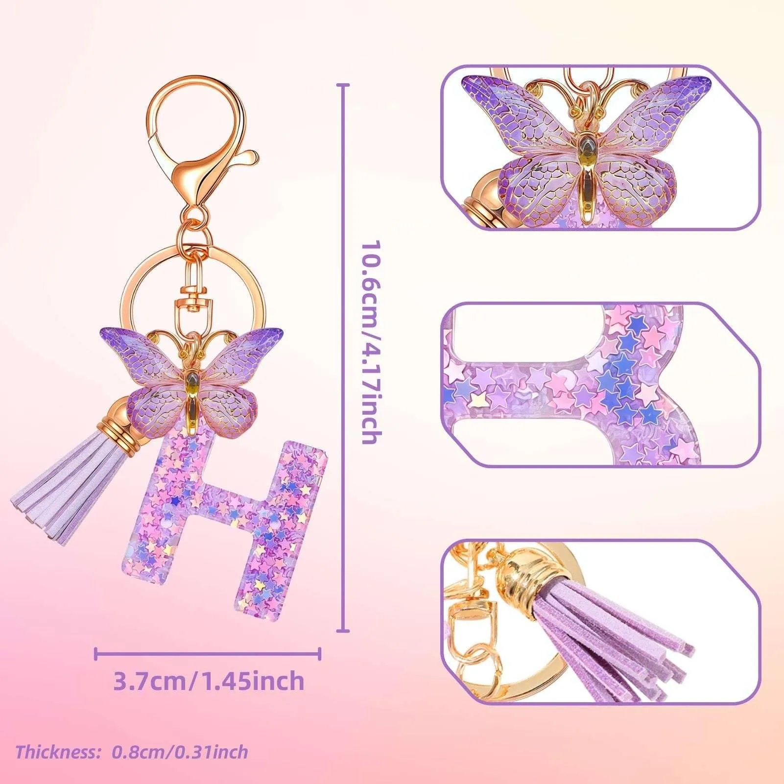Yowfond Portachiavi ragazza con lettera e farfalla, iniziali portachiavi per donne, portachiavi personalizzato, idea regalo per ragazze e donne, Lilla-h., M - immagine 2