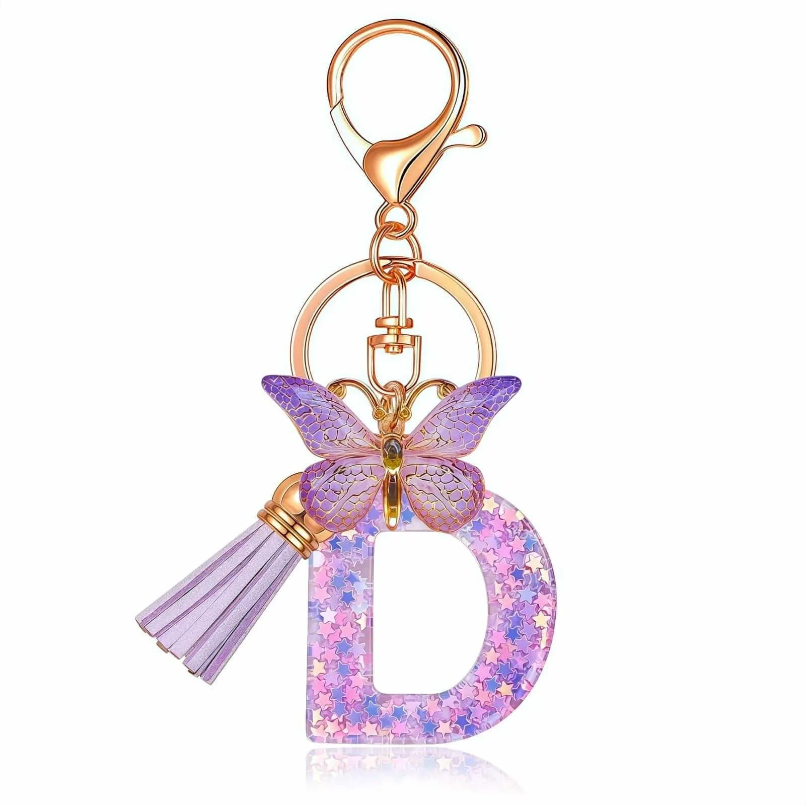 Yowfond Portachiavi ragazza con lettera e farfalla, iniziali portachiavi per donne, portachiavi personalizzato, idea regalo per ragazze e donne, Lilla, M - immagine 1