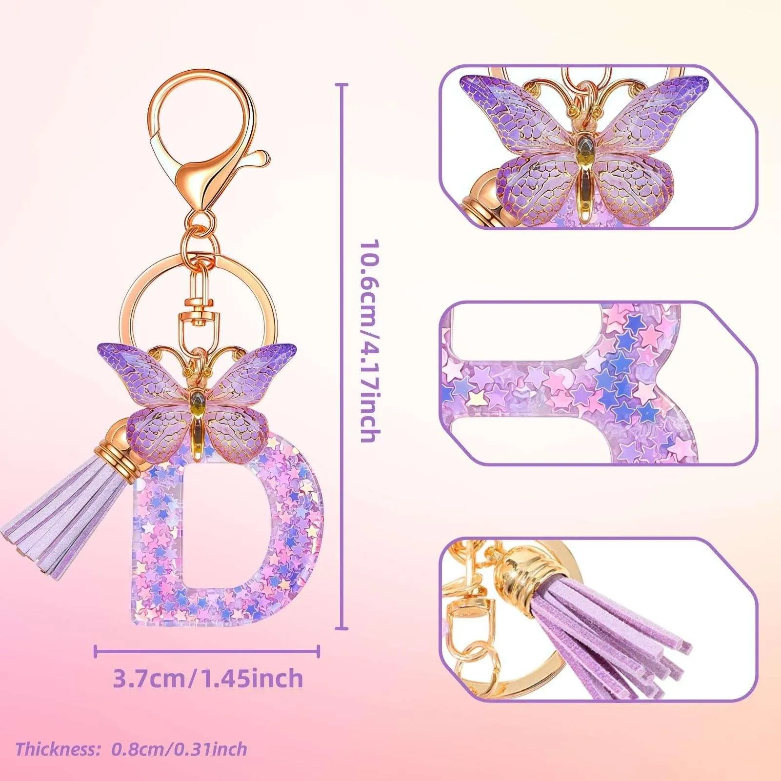Yowfond Portachiavi ragazza con lettera e farfalla, iniziali portachiavi per donne, portachiavi personalizzato, idea regalo per ragazze e donne, Lilla, M - immagine 2