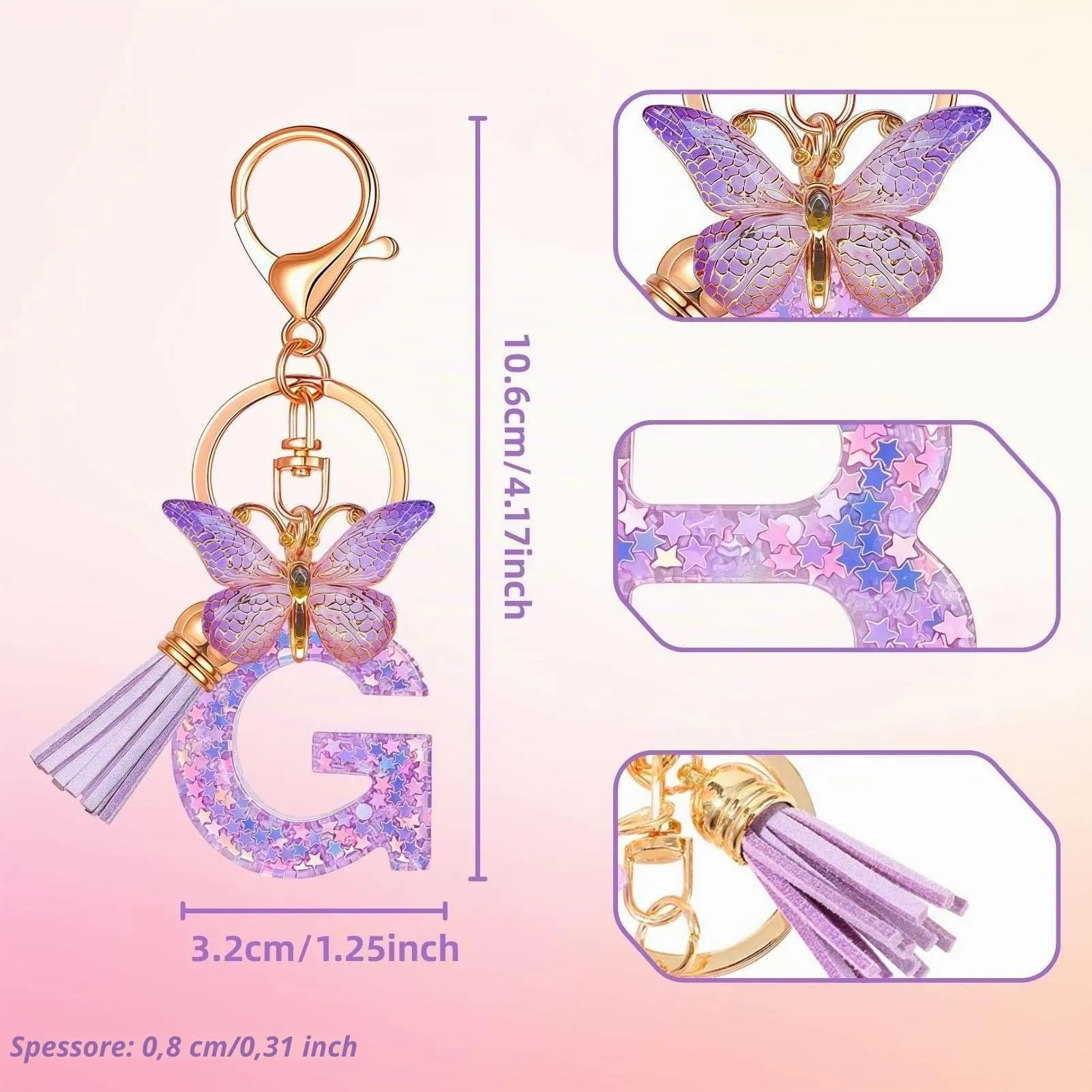 Yowfond Portachiavi ragazza con lettera e farfalla, iniziali portachiavi per donne, portachiavi personalizzato, idea regalo per ragazze e donne, Lilla-g., M - immagine 2