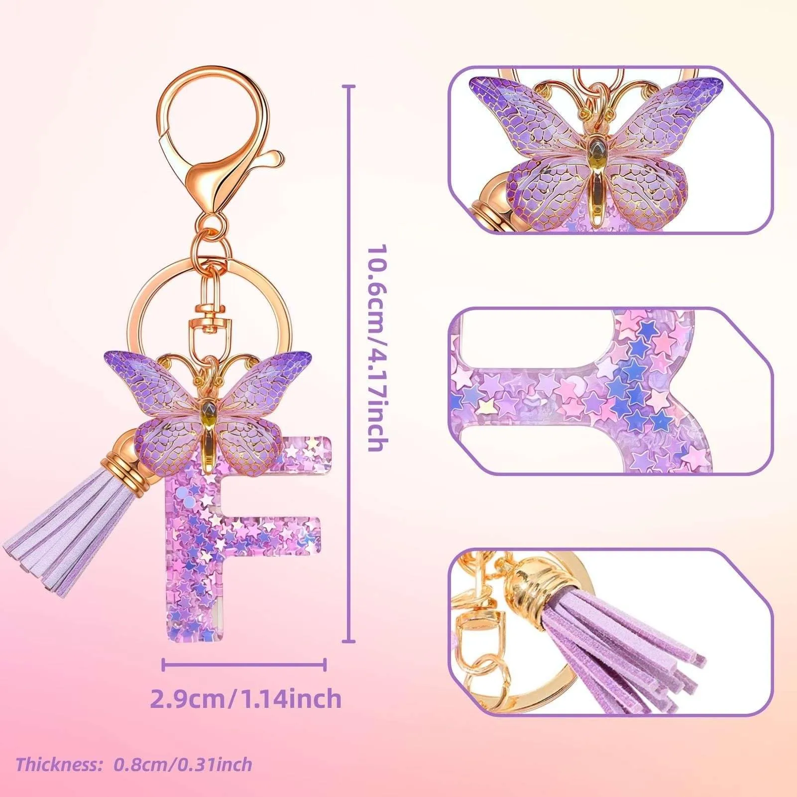 Yowfond Portachiavi ragazza con lettera e farfalla, iniziali portachiavi per donne, portachiavi personalizzato, idea regalo per ragazze e donne, Lilla-f, M - immagine 2