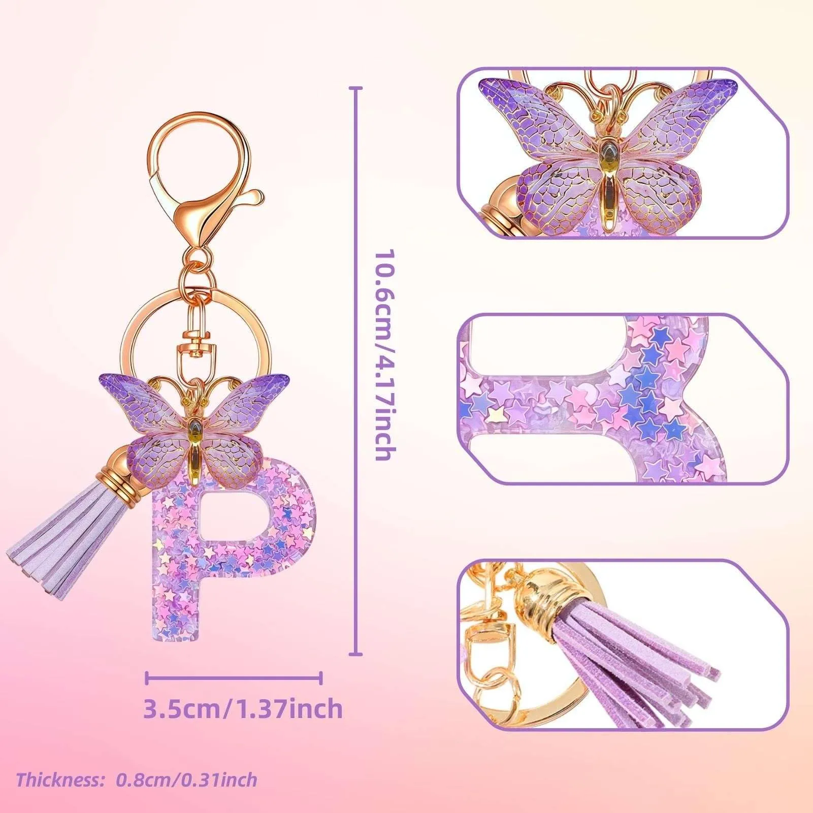 Yowfond Portachiavi ragazza con lettera e farfalla, iniziali portachiavi per donne, portachiavi personalizzato, idea regalo per ragazze e donne, M - immagine 2
