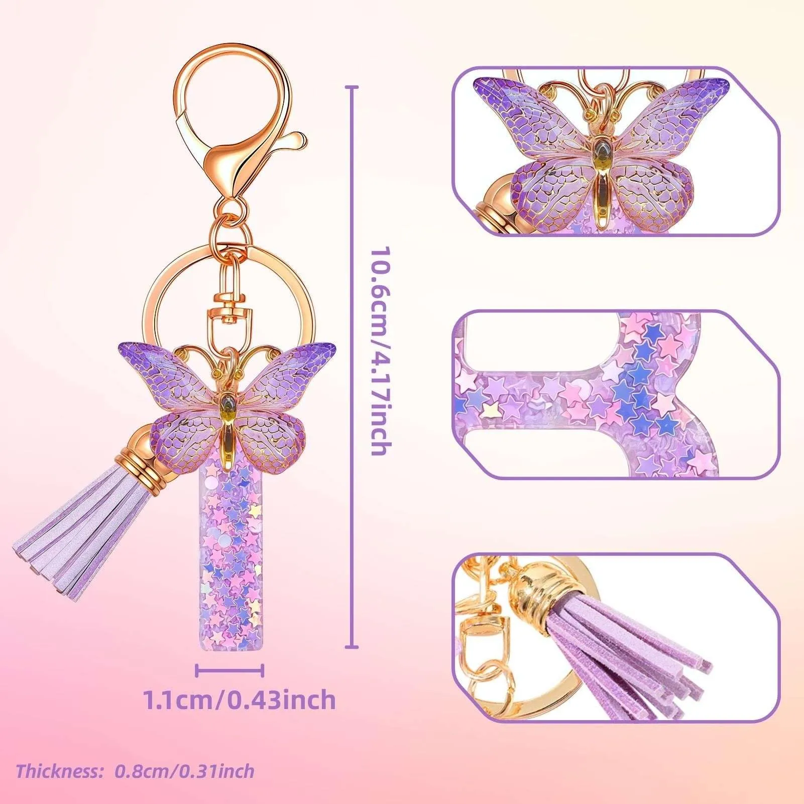 Yowfond Portachiavi ragazza con lettera e farfalla, iniziali portachiavi per donne, portachiavi personalizzato, idea regalo per ragazze e donne, Lilla i, M - immagine 2