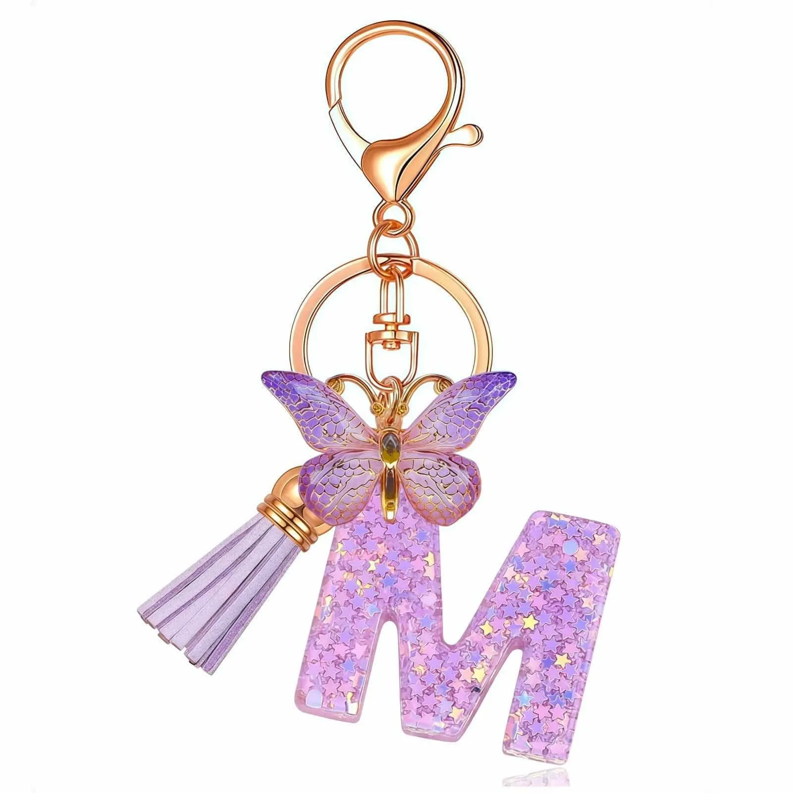Yowfond Portachiavi ragazza con lettera e farfalla, iniziali portachiavi per donne, portachiavi personalizzato, idea regalo per ragazze e donne, M - immagine 1
