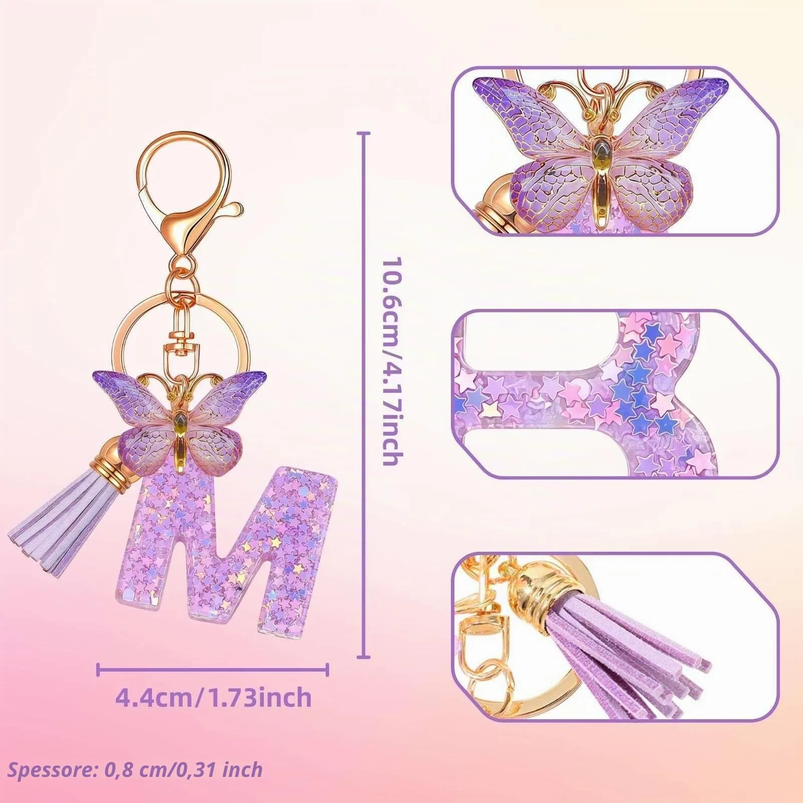 Yowfond Portachiavi ragazza con lettera e farfalla, iniziali portachiavi per donne, portachiavi personalizzato, idea regalo per ragazze e donne, M - immagine 2