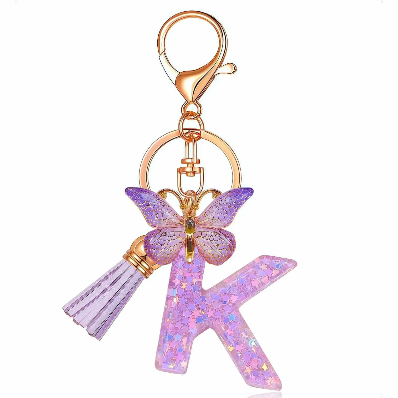 Yowfond Portachiavi per ragazze con lettera e farfalla, portachiavi con iniziali per donne, idea regalo personalizzata per ragazze e donne, Lilla-K., M - immagine 1