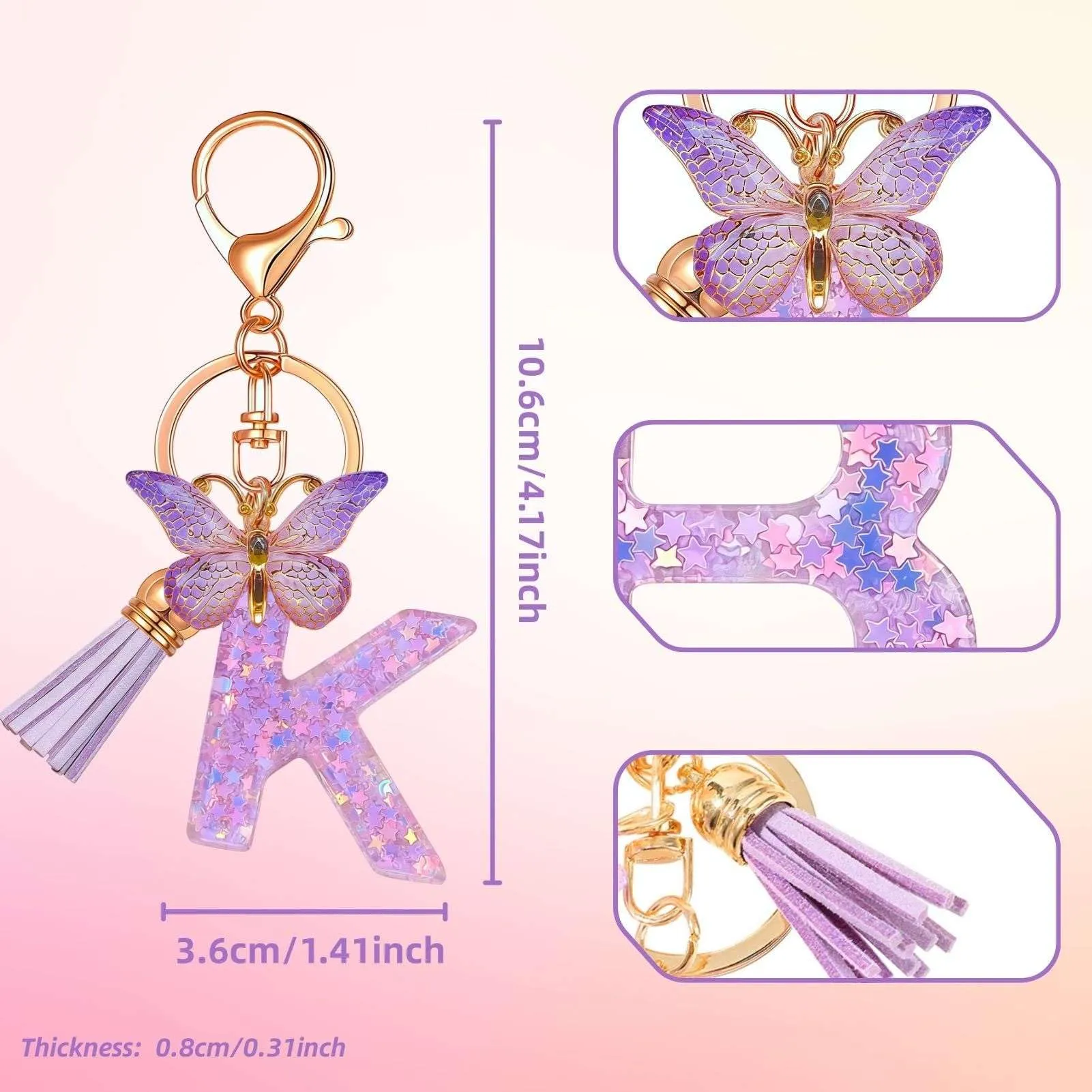 Yowfond Portachiavi per ragazze con lettera e farfalla, portachiavi con iniziali per donne, idea regalo personalizzata per ragazze e donne, Lilla-K., M - immagine 2