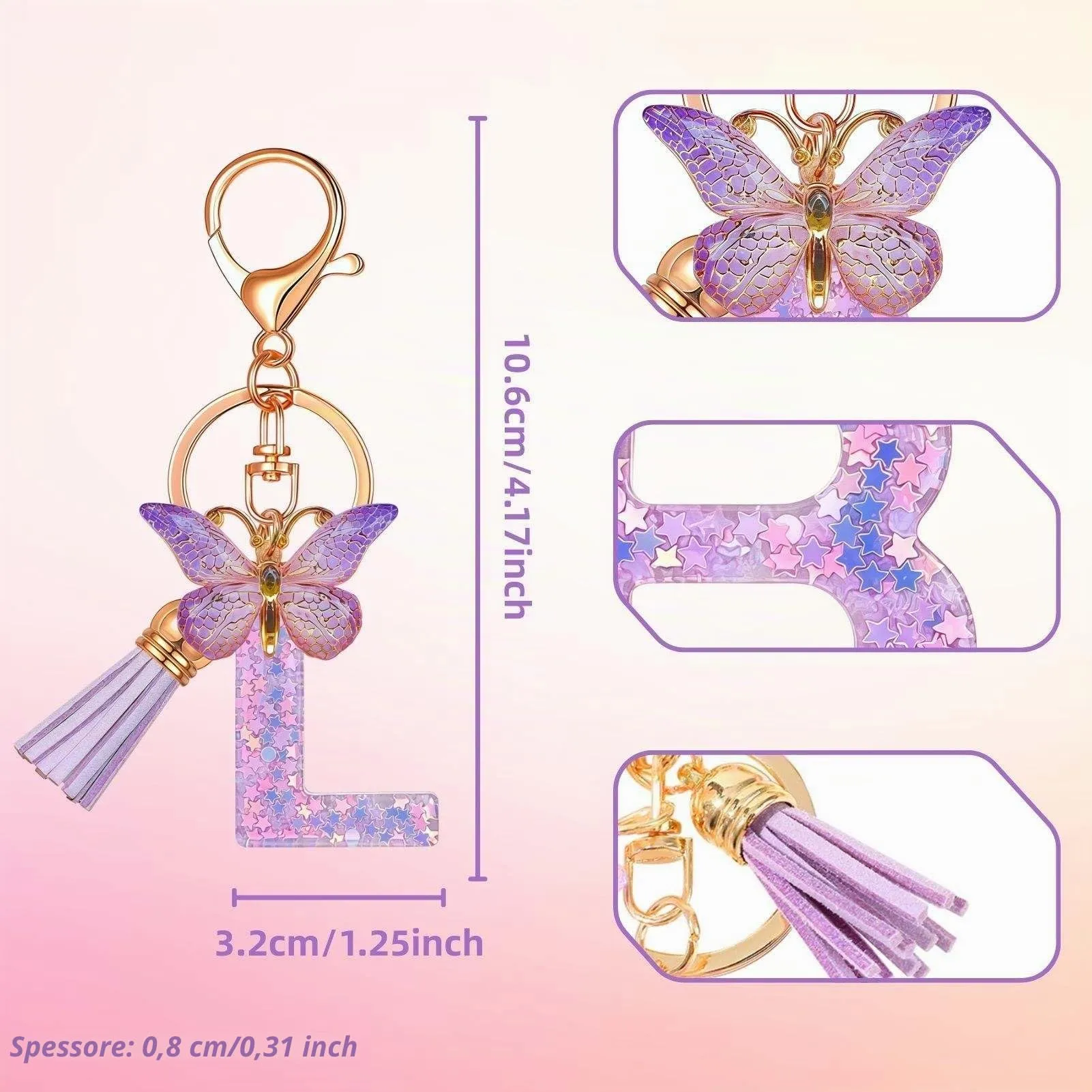 Yowfond Portachiavi ragazza con lettera e farfalla, iniziali portachiavi per donne, portachiavi personalizzato, idea regalo per ragazze e donne, Lilla-l., M - immagine 2