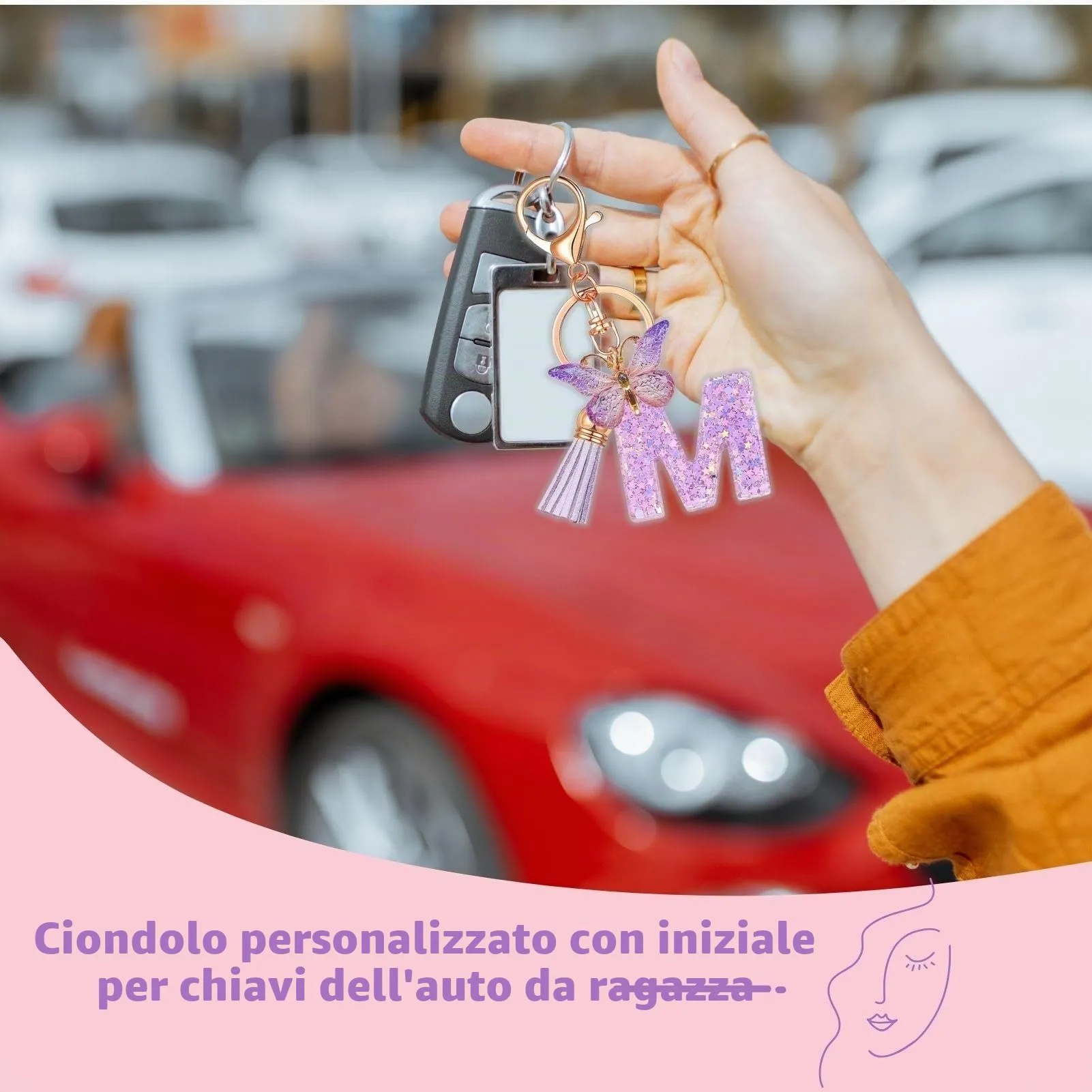 Yowfond Portachiavi ragazza con lettera e farfalla, iniziali portachiavi per donne, portachiavi personalizzato, idea regalo per ragazze e donne, M - immagine 4