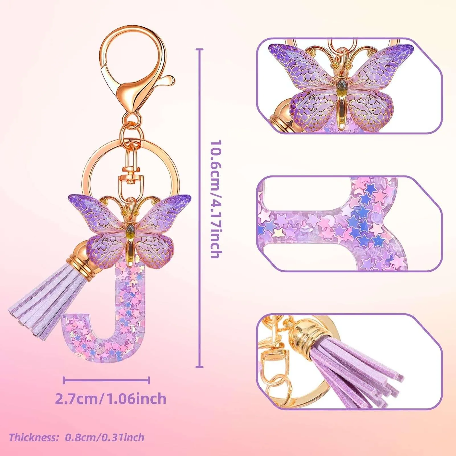 Yowfond Portachiavi ragazza con lettera e farfalla, iniziali portachiavi per donne, portachiavi personalizzato, idea regalo per ragazze e donne, Lila-j., M - immagine 2