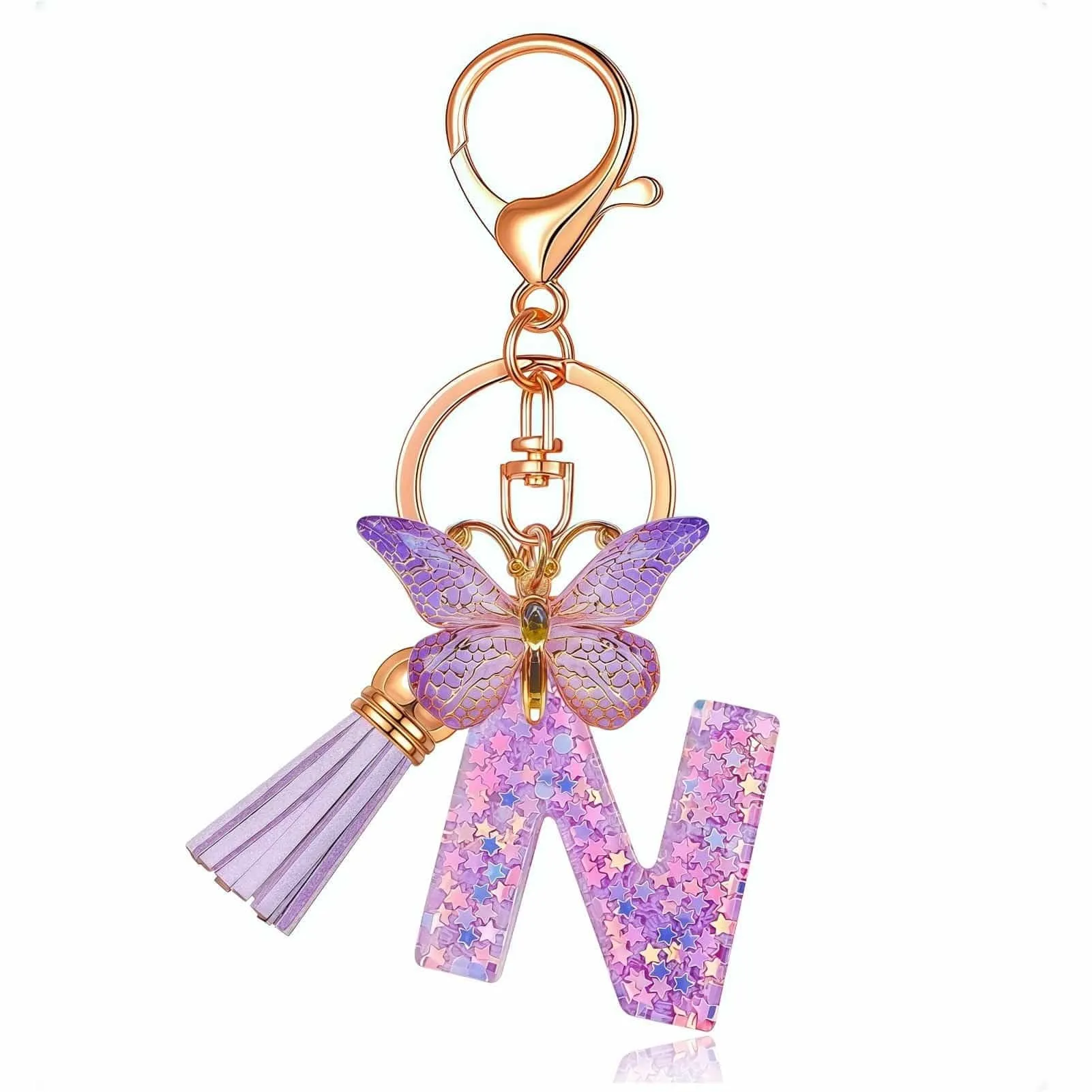 Yowfond Portachiavi ragazza con lettera e farfalla, iniziali portachiavi per donne, portachiavi personalizzato, idea regalo per ragazze e donne, M - immagine 1