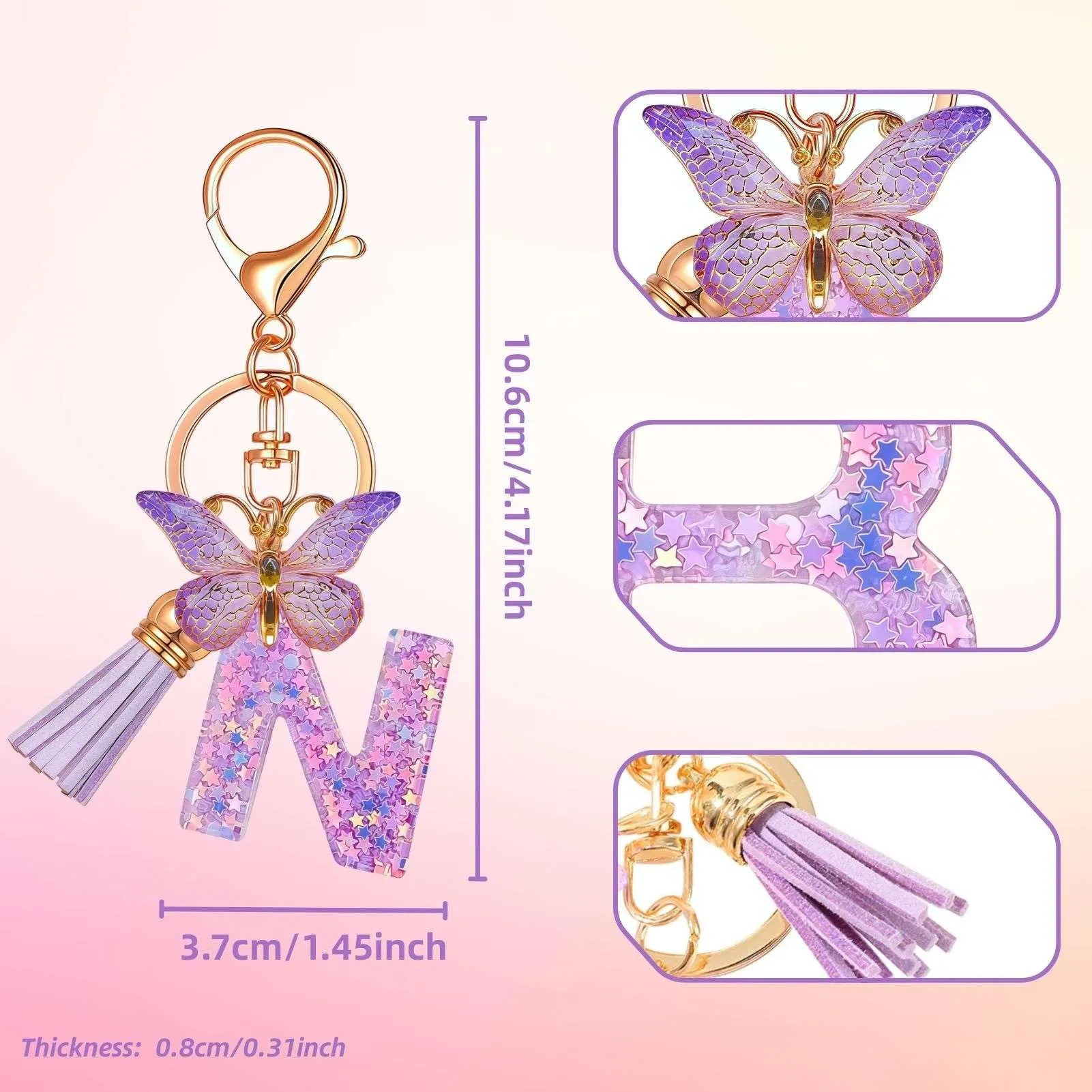 Yowfond Portachiavi ragazza con lettera e farfalla, iniziali portachiavi per donne, portachiavi personalizzato, idea regalo per ragazze e donne, M - immagine 2