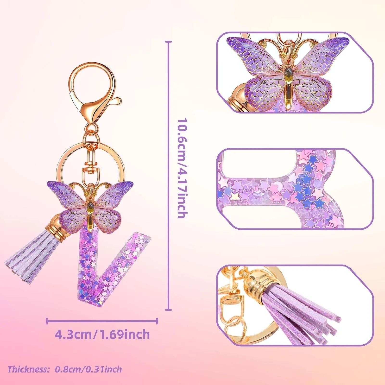 Yowfond Portachiavi ragazza con lettera e farfalla, iniziali portachiavi per donne, portachiavi personalizzato, idea regalo per ragazze e donne, M - immagine 2