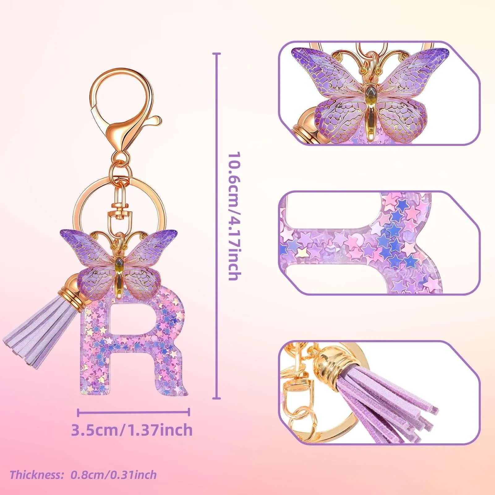 Yowfond Portachiavi ragazza con lettera e farfalla, iniziali portachiavi per donne, portachiavi personalizzato, idea regalo per ragazze e donne, M - immagine 2