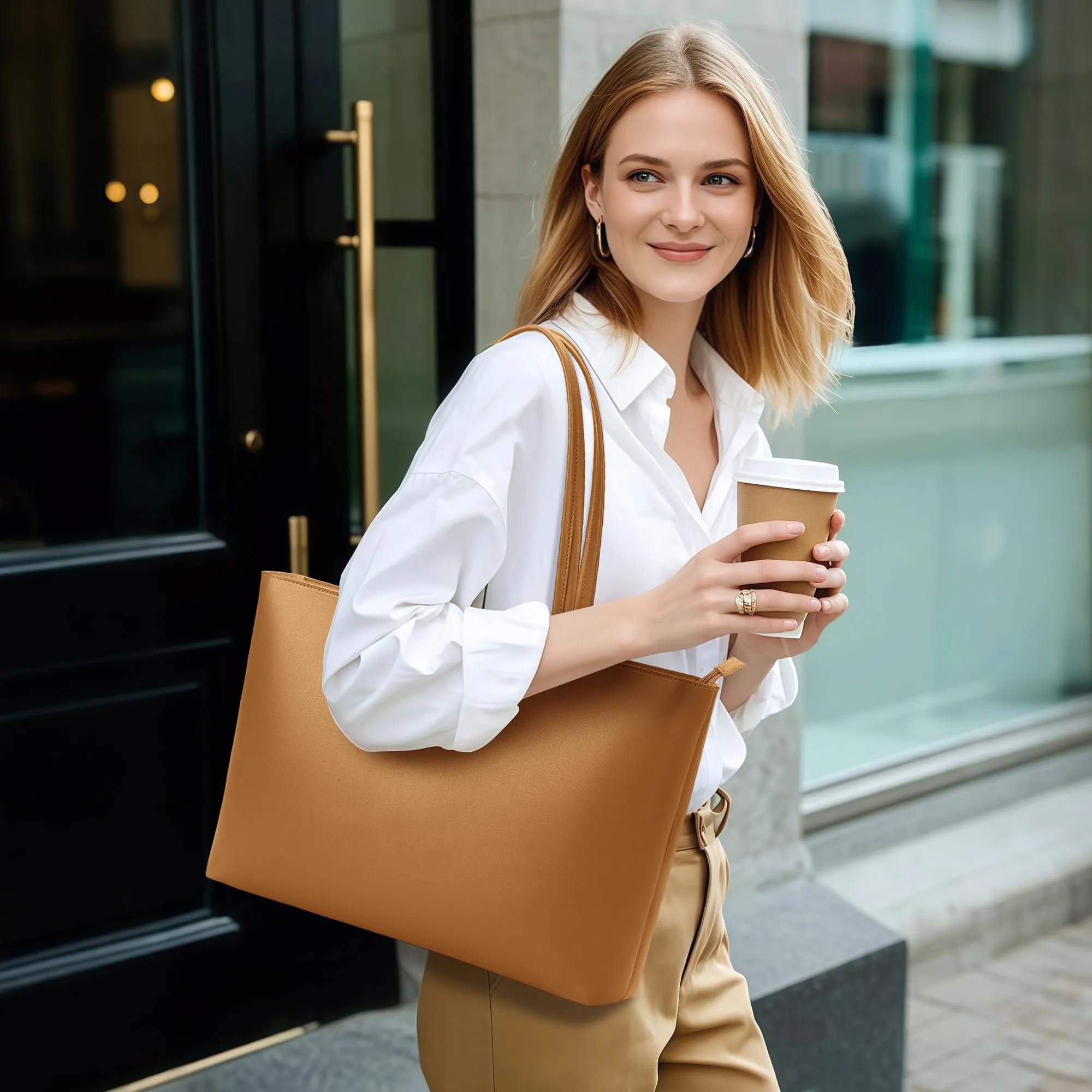 KALIDI Borsa da donna grande, shopper, in pelle PU, tote bag impermeabile con manici e chiusura lampo per lavoro, viaggi, shopping, scuola, giallo senape - immagine 2