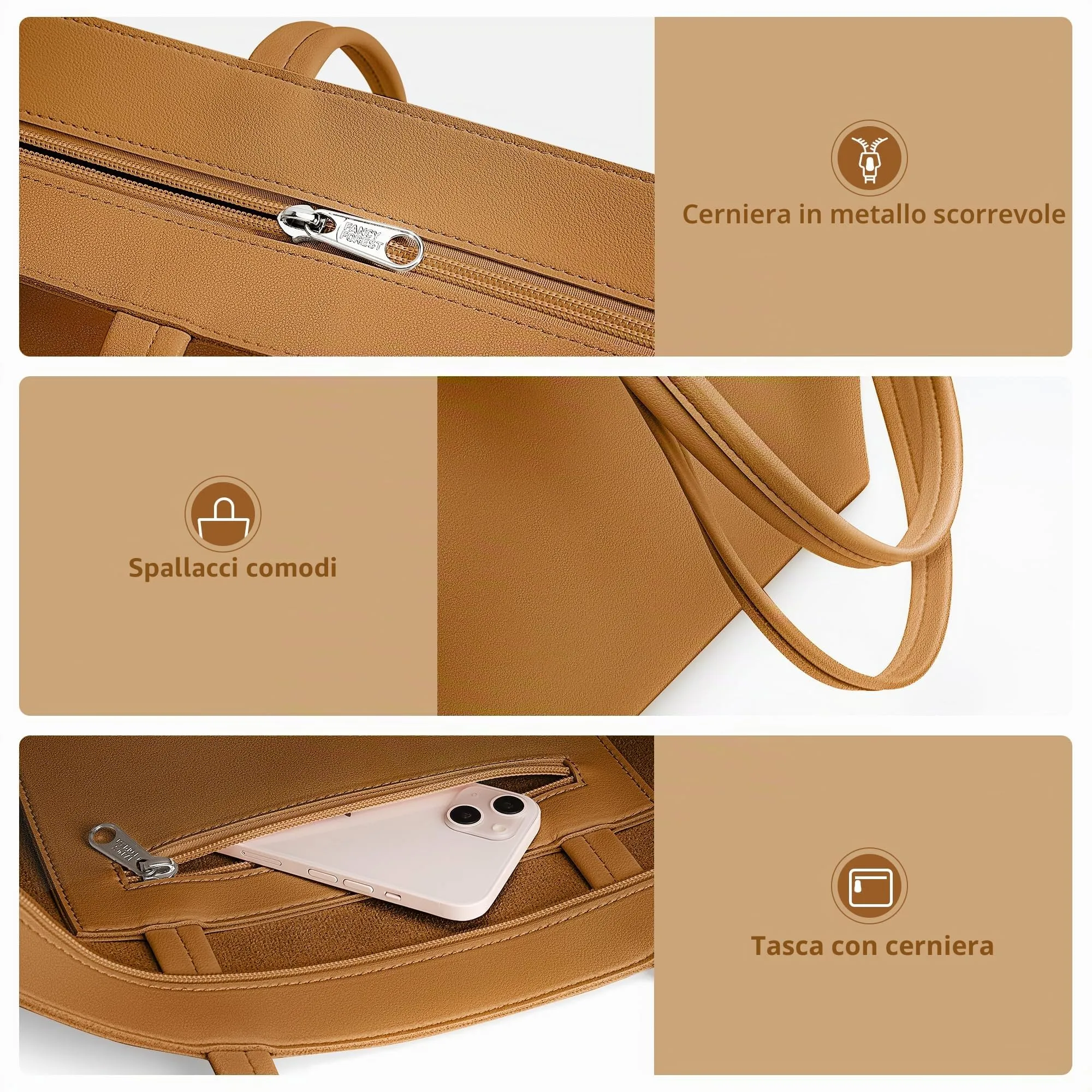 KALIDI Borsa da donna grande, shopper, in pelle PU, tote bag impermeabile con manici e chiusura lampo per lavoro, viaggi, shopping, scuola, giallo senape - immagine 4