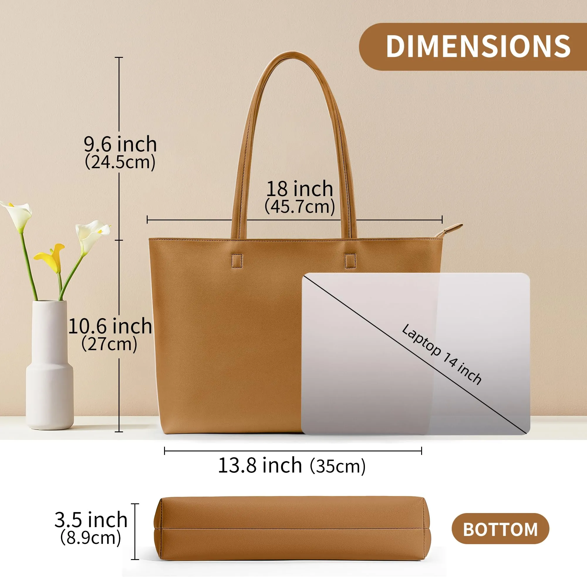 KALIDI Borsa da donna grande, shopper, in pelle PU, tote bag impermeabile con manici e chiusura lampo per lavoro, viaggi, shopping, scuola, giallo senape - immagine 5
