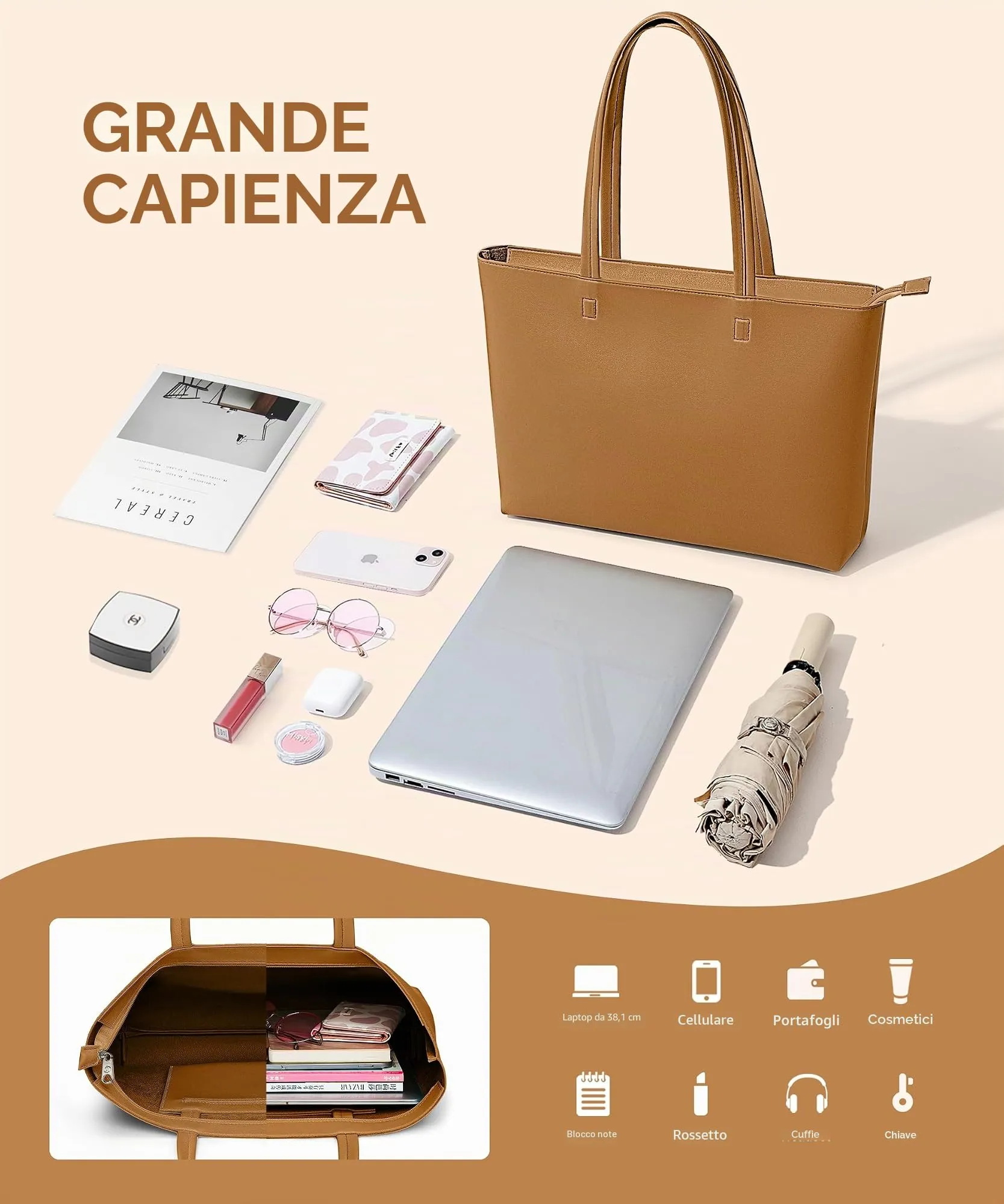 KALIDI Borsa da donna grande, shopper, in pelle PU, tote bag impermeabile con manici e chiusura lampo per lavoro, viaggi, shopping, scuola, giallo senape - immagine 6