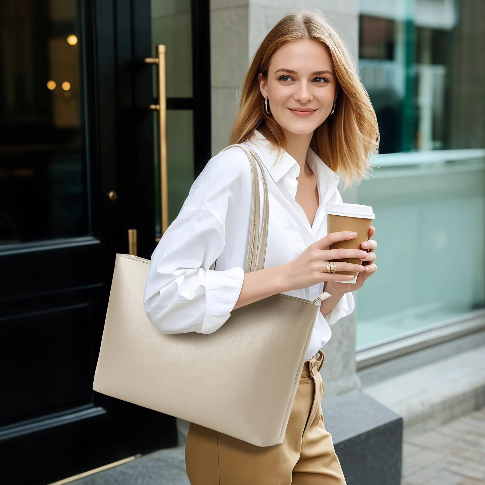 KALIDI Borsa da donna grande, shopper, in pelle PU, tote bag impermeabile con manici e chiusura a zip per lavoro, viaggi, shopping, scuola, grigio/beige, 43 x 27 x 8.4 cm - immagine 2
