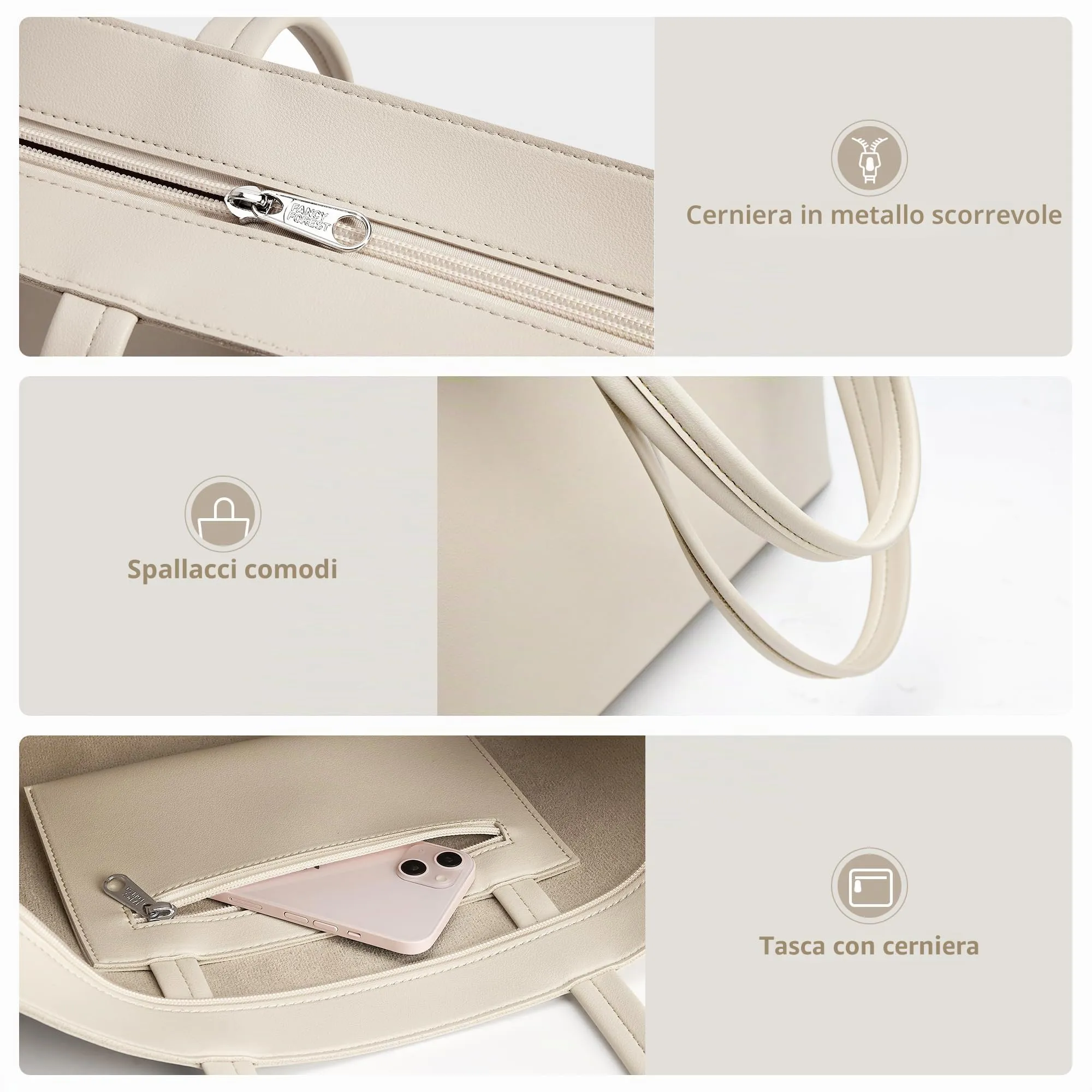 KALIDI Borsa da donna grande, shopper, in pelle PU, tote bag impermeabile con manici e chiusura a zip per lavoro, viaggi, shopping, scuola, grigio/beige, 43 x 27 x 8.4 cm - immagine 4