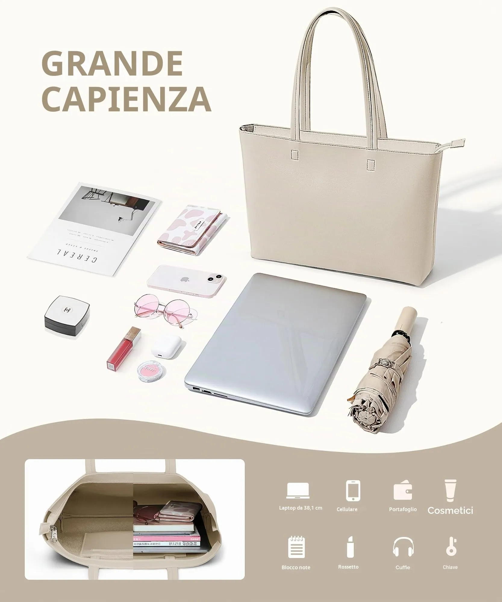 KALIDI Borsa da donna grande, shopper, in pelle PU, tote bag impermeabile con manici e chiusura a zip per lavoro, viaggi, shopping, scuola, grigio/beige, 43 x 27 x 8.4 cm - immagine 5