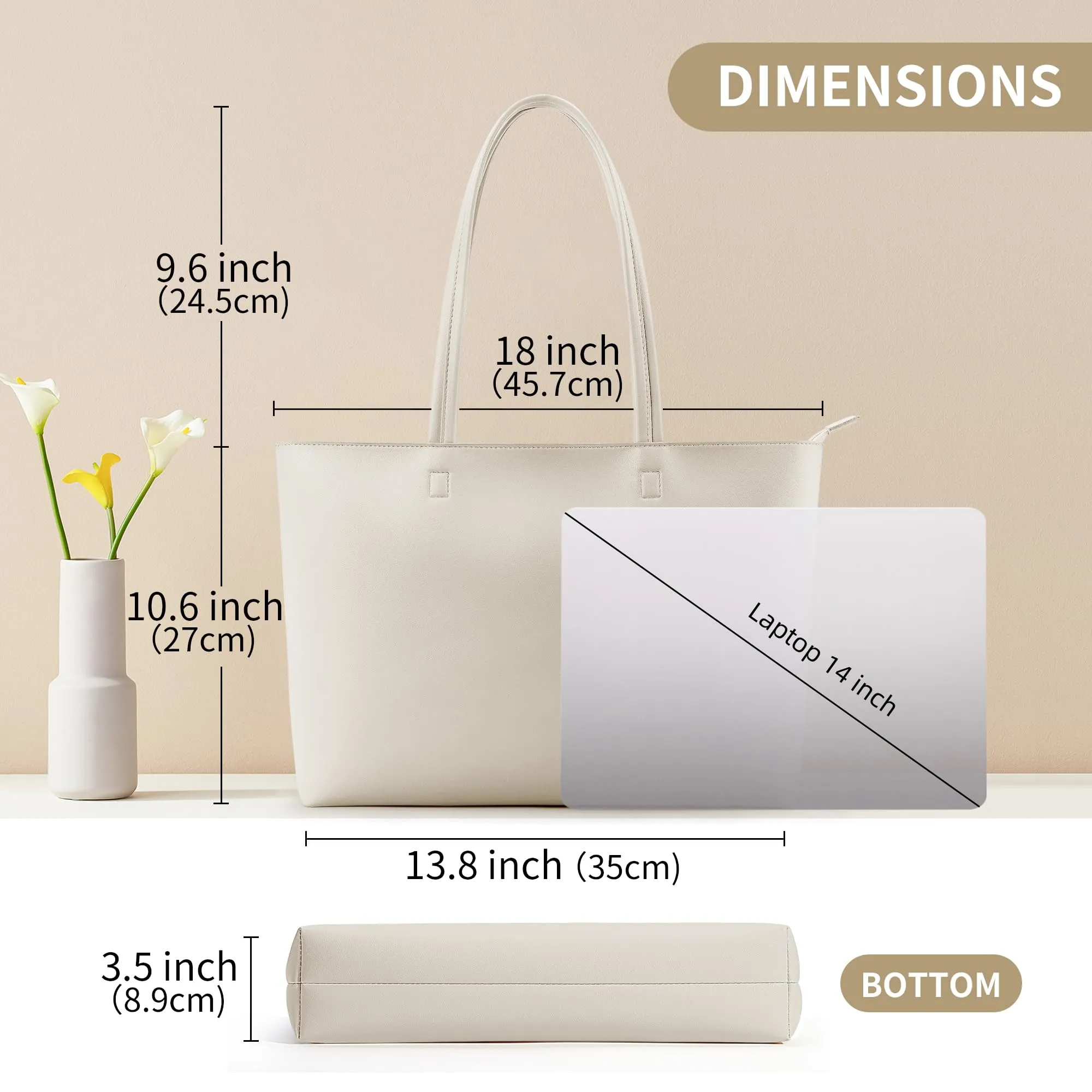 KALIDI Borsa da donna grande, shopper, in pelle PU, tote bag impermeabile con manici e chiusura a zip per lavoro, viaggi, shopping, scuola, grigio/beige, 43 x 27 x 8.4 cm - immagine 6