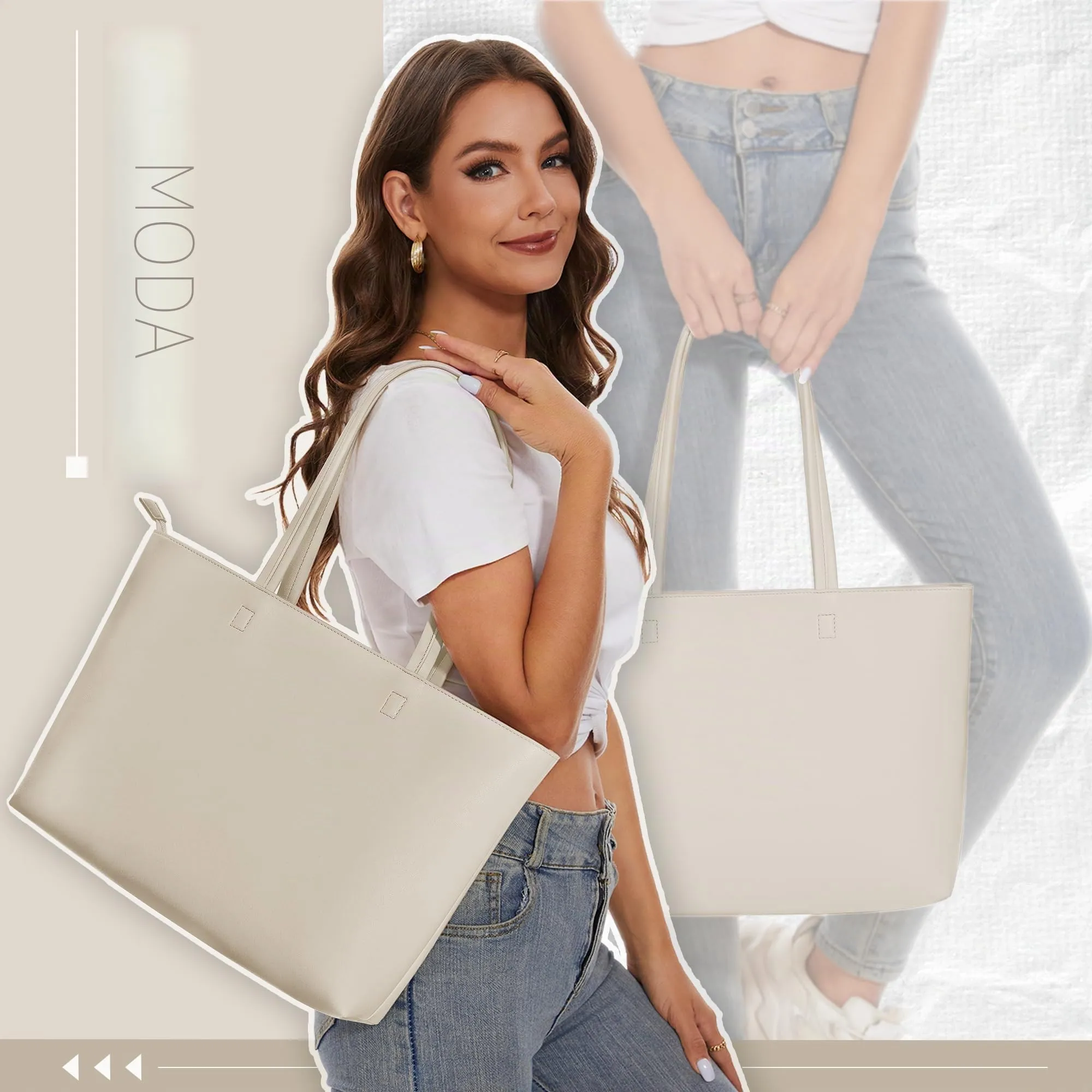 KALIDI Borsa da donna grande, shopper, in pelle PU, tote bag impermeabile con manici e chiusura a zip per lavoro, viaggi, shopping, scuola, grigio/beige, 43 x 27 x 8.4 cm - immagine 7