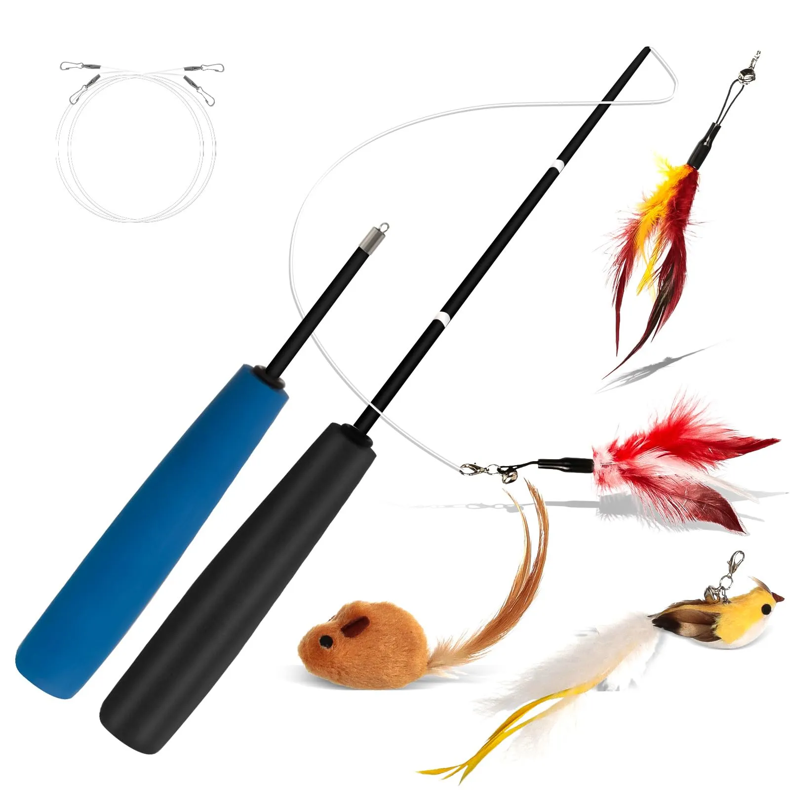 VINATO Canna da Pesca per Gatti con Asta Telescopica, Giocattolo Interattivo con 4 Testine (Uccellino con Campanello, Topo, Piume), Giochi per Gatti da Interno per Stimolare l'Istinto di Caccia - immagine 1