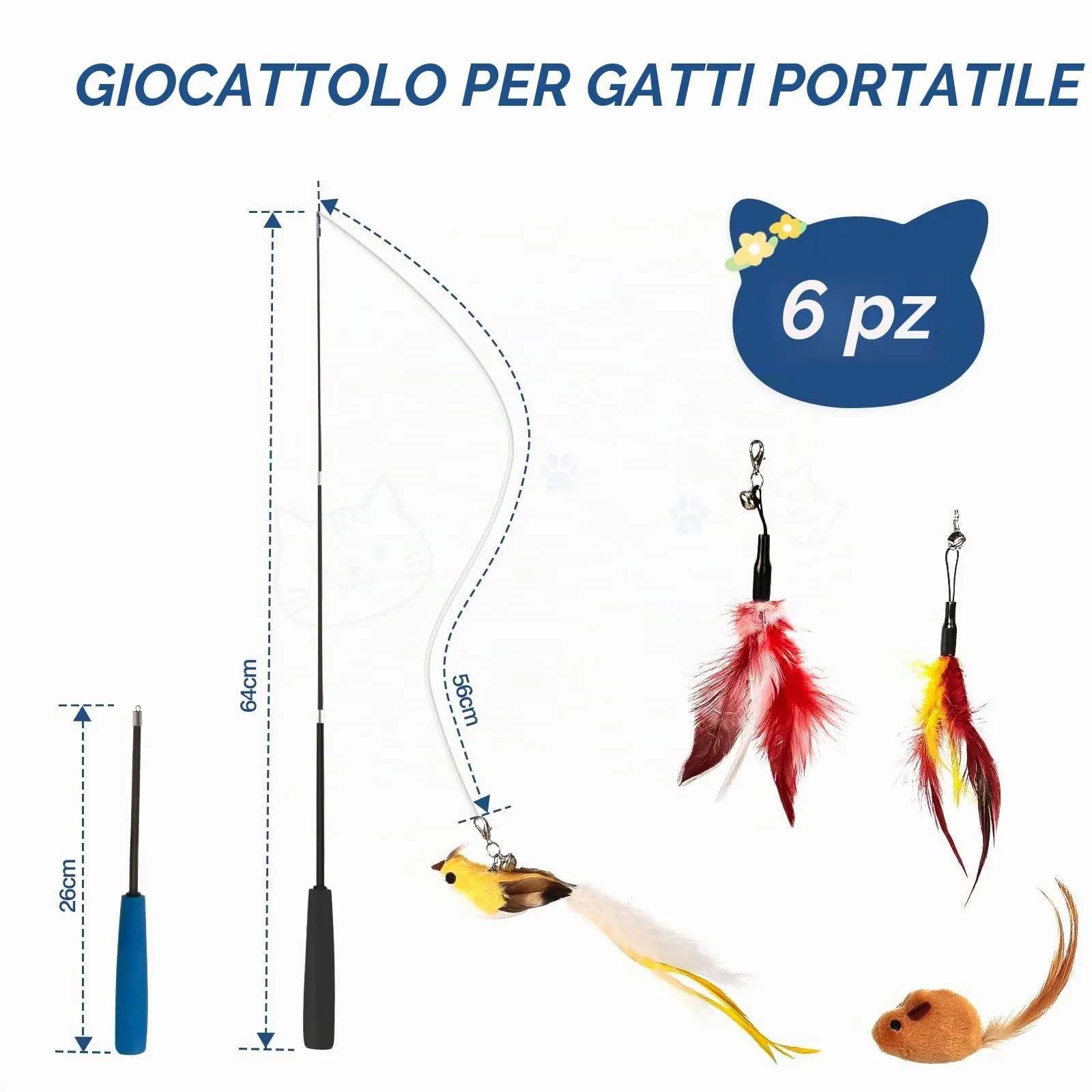 VINATO Canna da Pesca per Gatti con Asta Telescopica, Giocattolo Interattivo con 4 Testine (Uccellino con Campanello, Topo, Piume), Giochi per Gatti da Interno per Stimolare l'Istinto di Caccia - immagine 2