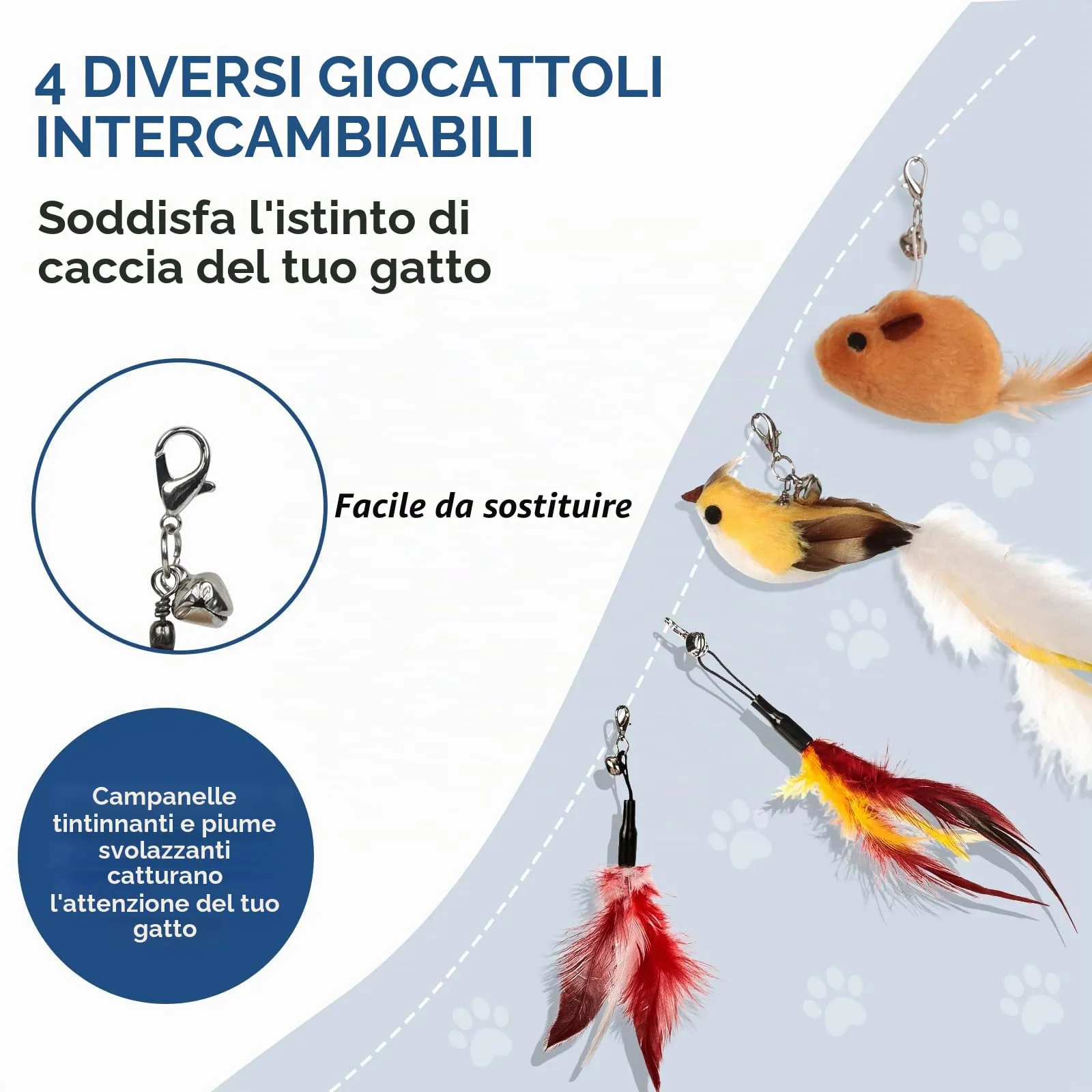 VINATO Canna da Pesca per Gatti con Asta Telescopica, Giocattolo Interattivo con 4 Testine (Uccellino con Campanello, Topo, Piume), Giochi per Gatti da Interno per Stimolare l'Istinto di Caccia - immagine 3
