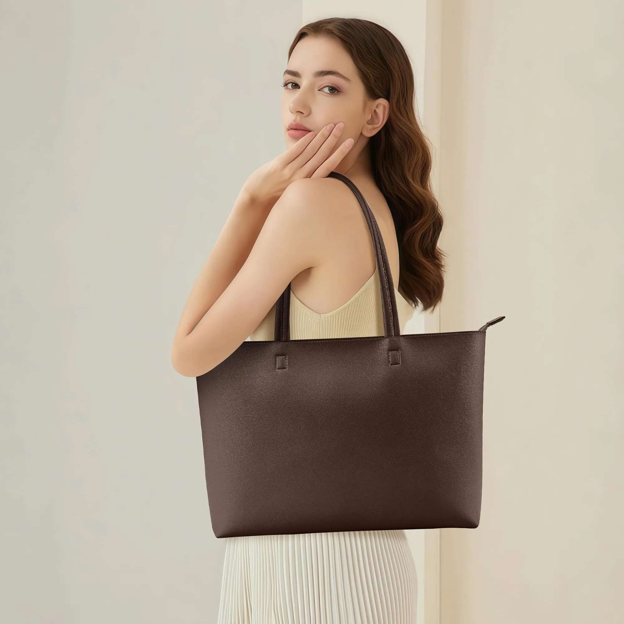 KALIDI Borsa a mano da donna grande Borsa shopper da donna in pelle PU Tote Bag Borse a mano impermeabili con manici e cerniera per lavoro, viaggi, shopping, scuola, 50 x 30 x 12 cm - immagine 3