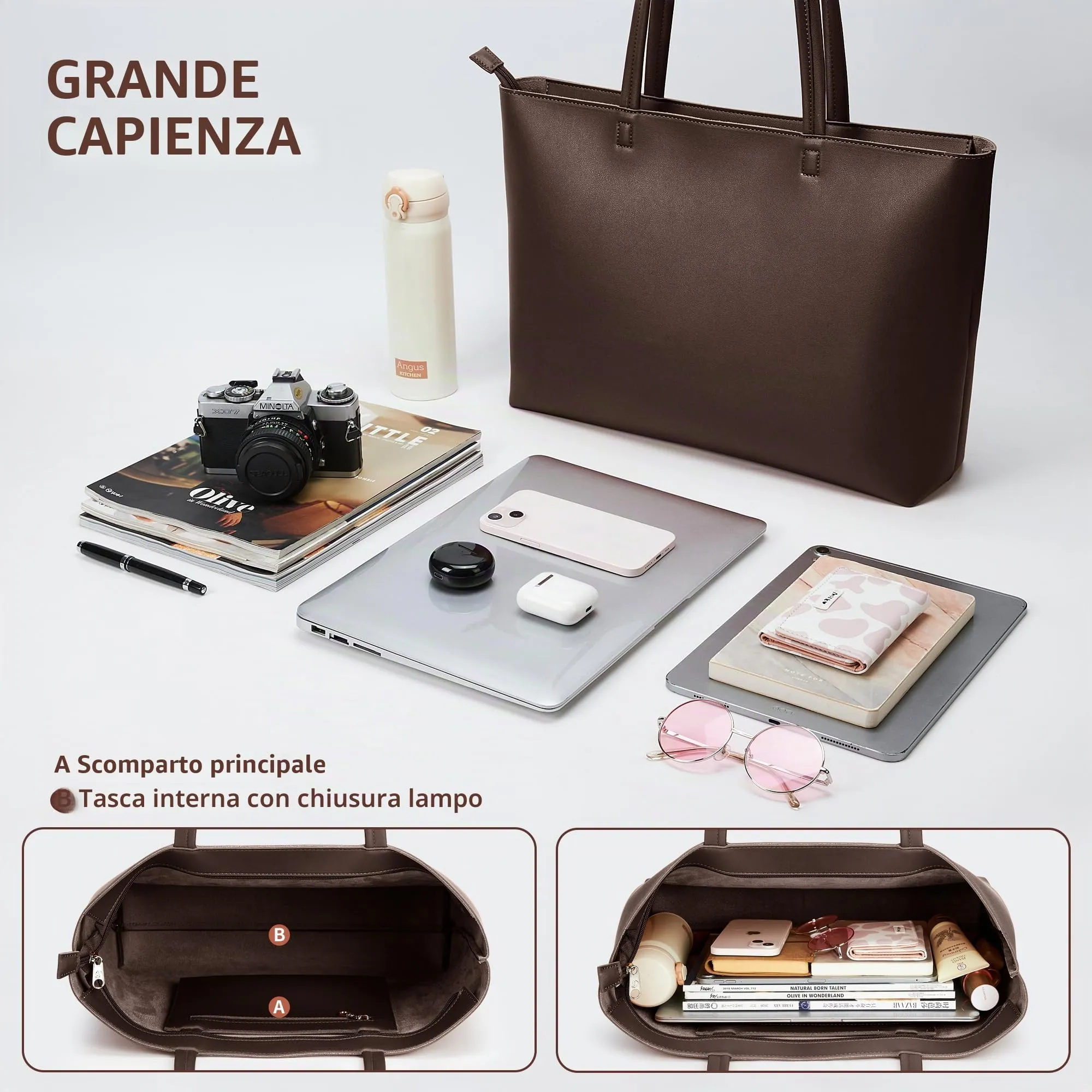 KALIDI Borsa a mano da donna grande Borsa shopper da donna in pelle PU Tote Bag Borse a mano impermeabili con manici e cerniera per lavoro, viaggi, shopping, scuola, 50 x 30 x 12 cm - immagine 5